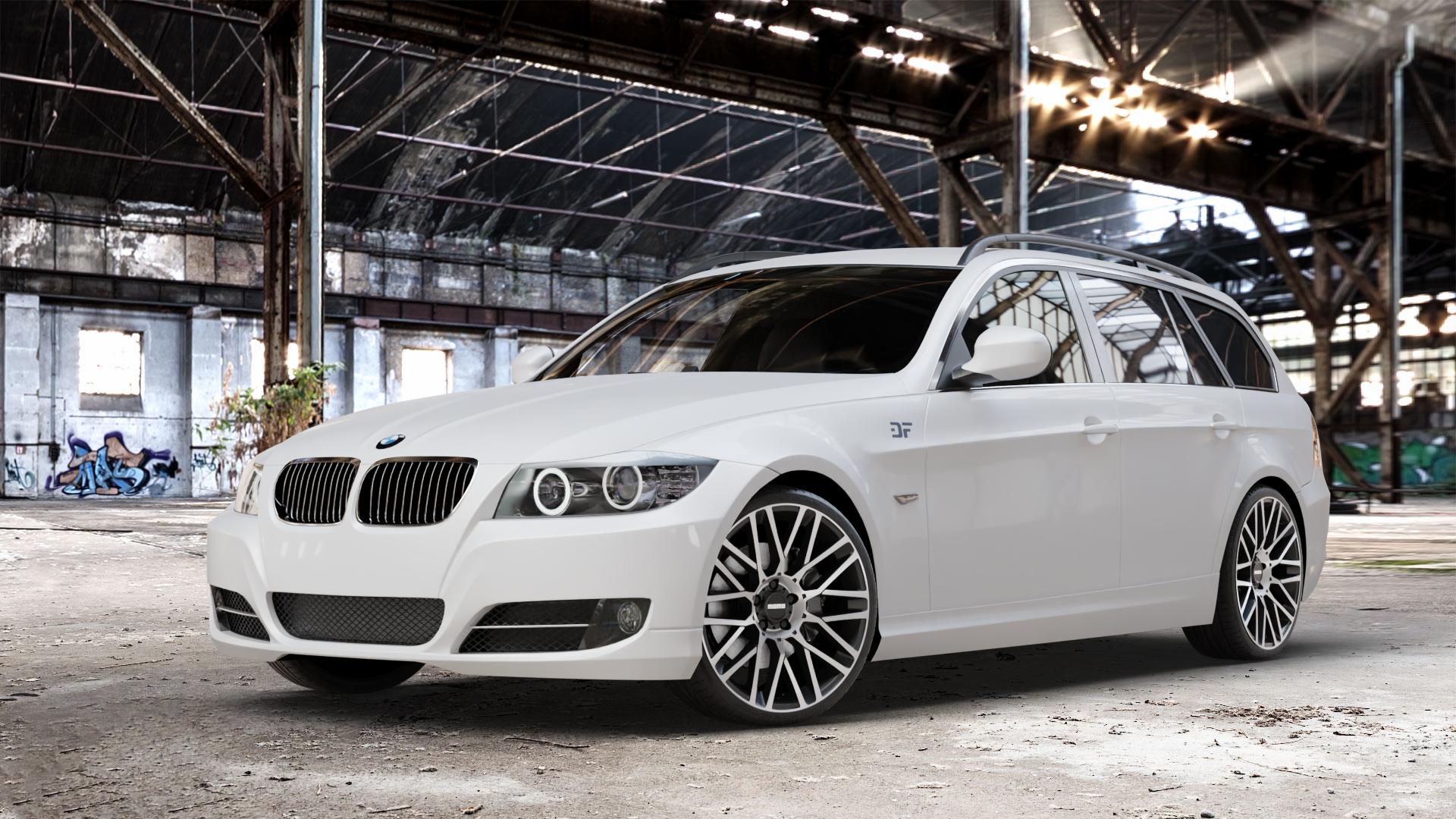 MOMO REVENGE EVO Black matt polish Felge mit Reifen schwarz schwarz matt in 19Zoll Winterfelge Alufelge auf weissem BMW 318i Typ E91 (Touring) 320i 325i 330i 320d 330d 318d 325xi 330xi 335i 335d 325d 330xd 335xi 320xd 316d 316i 3er Touring (390L, 390X, 3K, 3K-N1) ⬇️ mit 15mm Tieferlegung ⬇️ Old Industrial Hall_max_4400mm_2024 Frontansicht_1