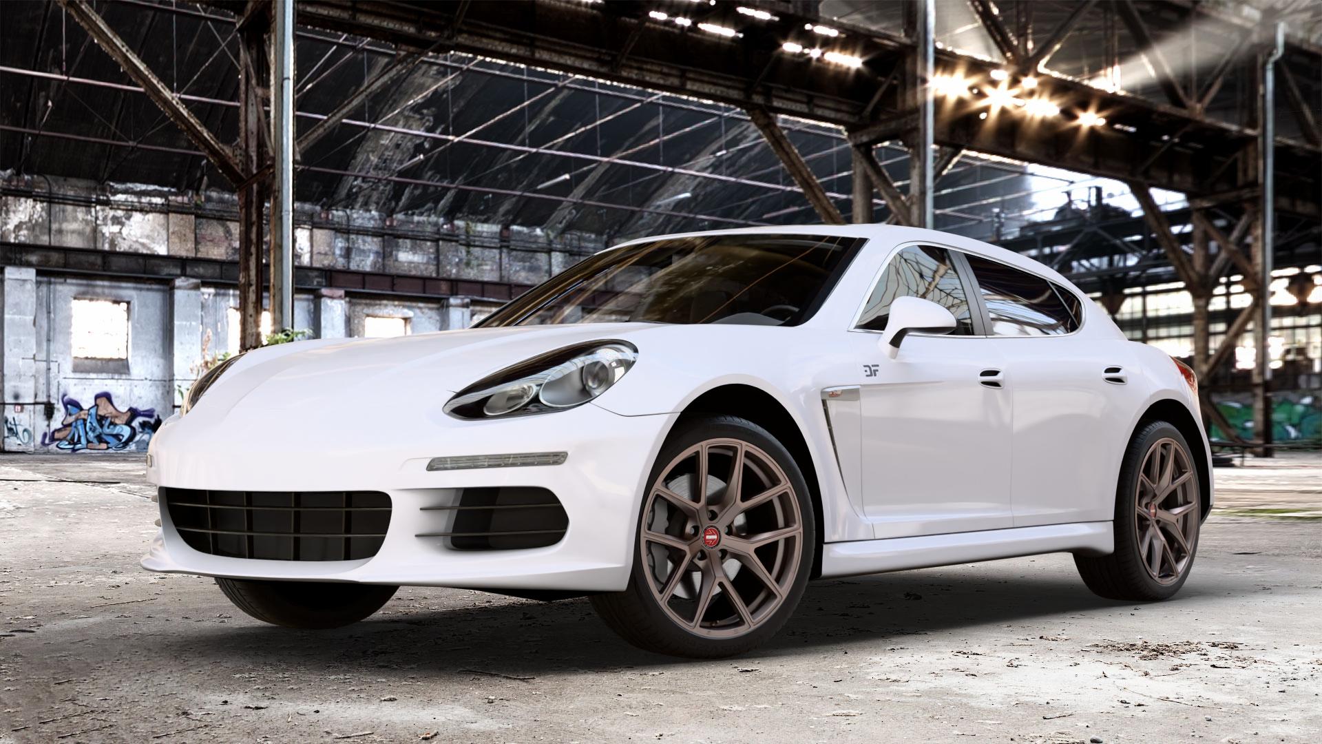 MOMO RF01 Golden Bronze Felge mit Reifen in 20Zoll Winterfelge Alufelge auf weissem Porsche Panamera Typ 970 Facelift ⬇️ mit 15mm Tieferlegung ⬇️ Old Industrial Hall_max_4400mm_2024 Frontansicht_1
