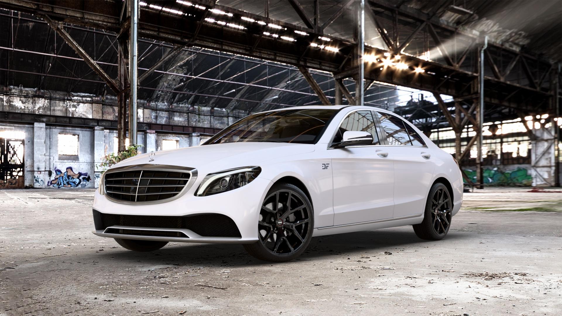 MOMO RF01 Stardust Glossy Black Felge mit Reifen schwarz in 19Zoll Winterfelge Alufelge auf weissem Mercedes C-Klasse Typ W205 Limousine Facelift ⬇️ mit 15mm Tieferlegung ⬇️ Old Industrial Hall_max_5300mm_2024 Frontansicht_1