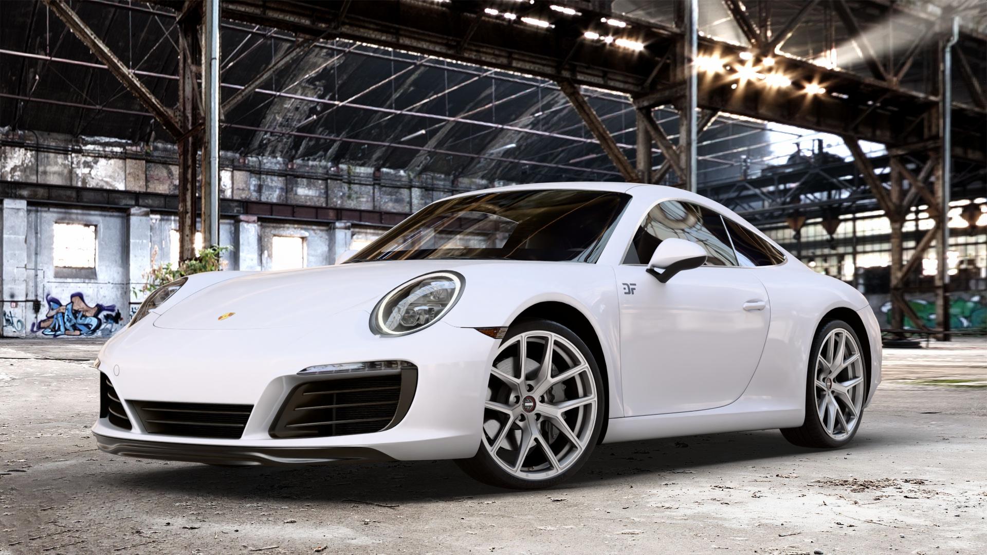 MOMO RF01 titan ice Felge mit Reifen grau silber weiss in 20Zoll Winterfelge Alufelge auf weissem Porsche 911 Typ 991 Cabriolet Facelift ⬇️ mit 15mm Tieferlegung ⬇️ Old Industrial Hall_max_4400mm_2024 Frontansicht_1