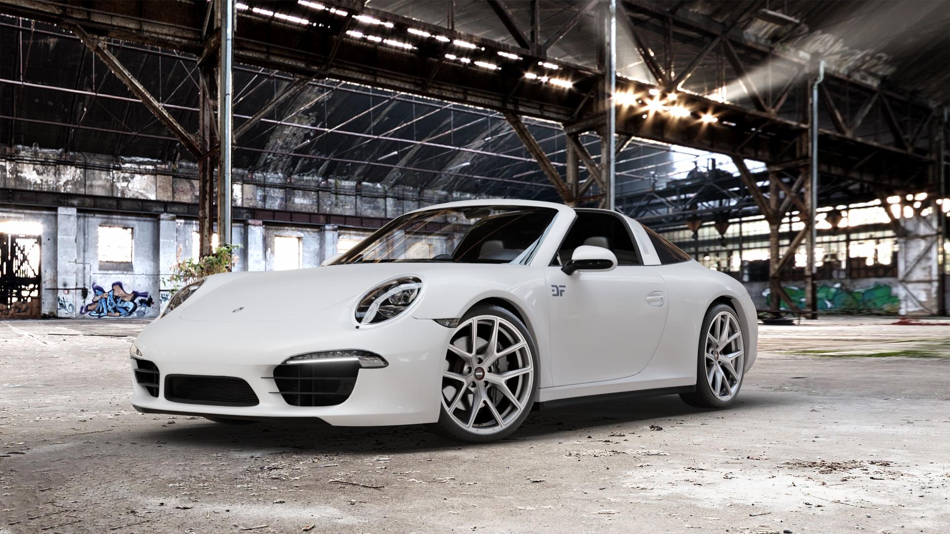 MOMO RF01 Titan Ice Felge mit Reifen grau silber weiss in 20Zoll Winterfelge Alufelge auf weissem Porsche 911 Typ 991 Targa ⬇️ mit 15mm Tieferlegung ⬇️ Old Industrial Hall_max_5300mm_2024 Frontansicht_1