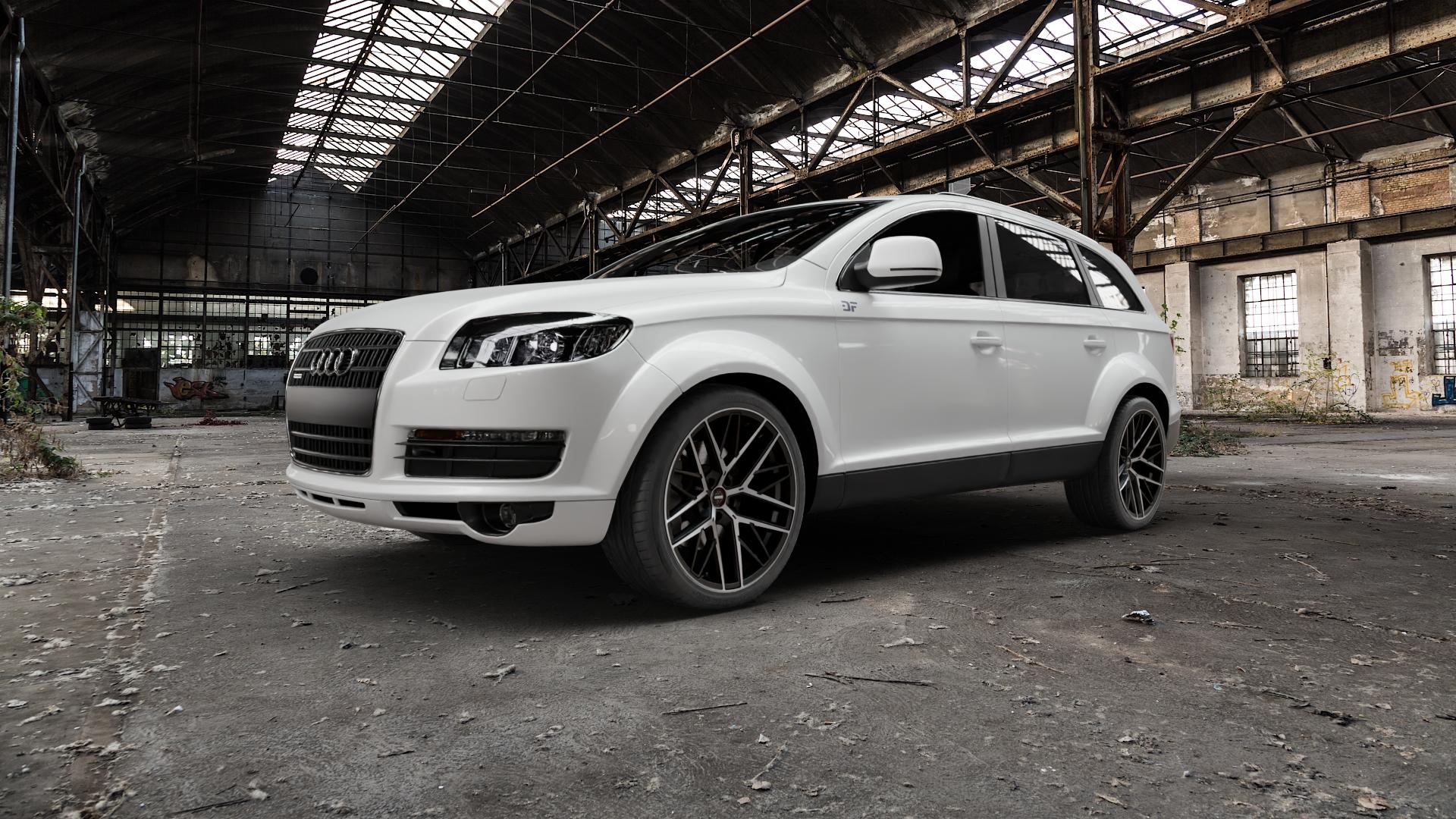 MOMO RFX01 Black matt polish Felge mit Reifen schwarz schwarz matt in 21Zoll Winterfelge Alufelge auf weissem Audi Q7 I Typ 4L ⬇️ mit 15mm Tieferlegung ⬇️ Old Industrial Hall_max5000mm_2022 Frontansicht_1