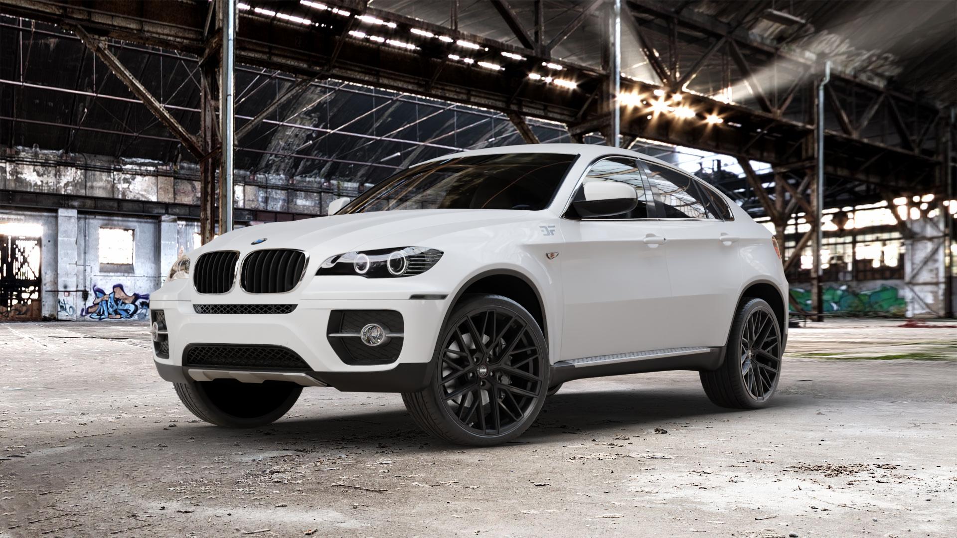 MOMO RFX01 Sandblast Black Felge mit Reifen silber schwarz schwarz matt in 22Zoll Winterfelge Alufelge auf weissem BMW X6 Typ E71 (X70, X6, X-N1, HY) ⬇️ mit 15mm Tieferlegung ⬇️ Old Industrial Hall_max_5300mm_2024 Frontansicht_1