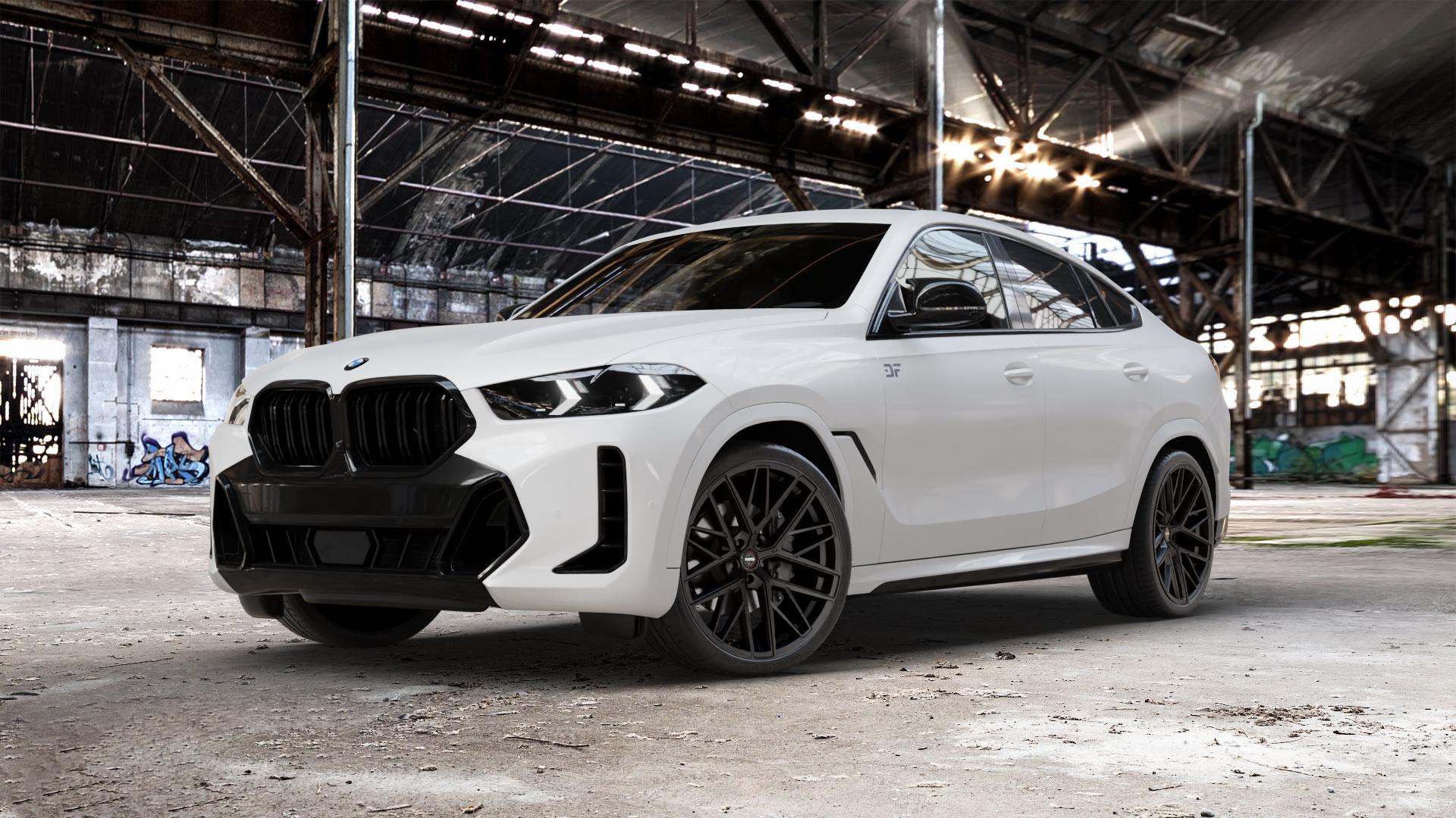 MOMO RFX01 Sandblast Black Felge mit Reifen silber schwarz schwarz matt in 22Zoll Winterfelge Alufelge auf weissem BMW X6 Typ G06 (G6X) Facelift ⬇️ mit 15mm Tieferlegung ⬇️ Old Industrial Hall_max_5300mm_2024 Frontansicht_1