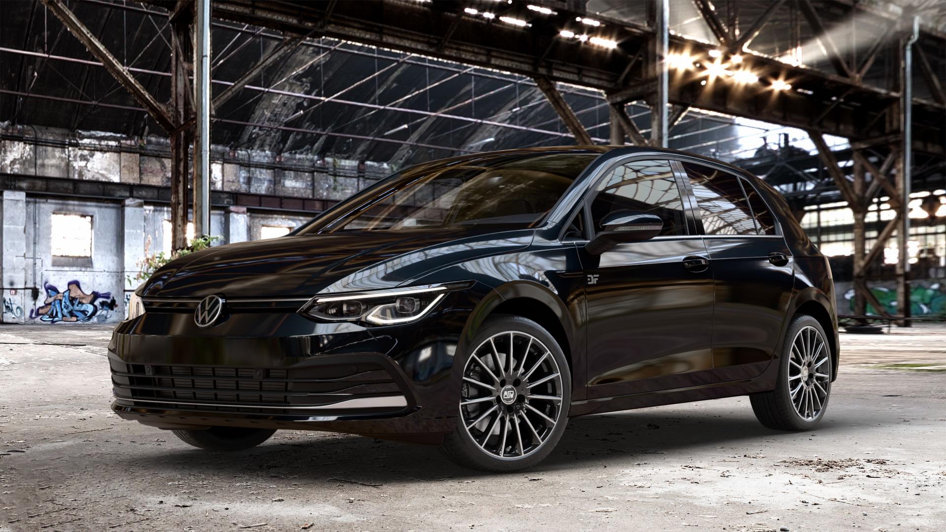 MSW 30 GLOSS BLACK FULL POLISHED Felge mit Reifen silber schwarz mehrfarbig in 18Zoll Alufelge auf metallic schwarzem Volkswagen (VW) Golf 8 1,5l TSI 96kW (131 PS) 110kW (150 2,0l TDI 85kW (116 Mild-Hybrid 1,0l 81kW (110 66kW (90 1,4l Hybrid TGI 4Motion 140kW (190 ⬇️ mit 15mm Tieferlegung ⬇️ Old Industrial Hall_max_4400mm_2024 Frontansicht_1