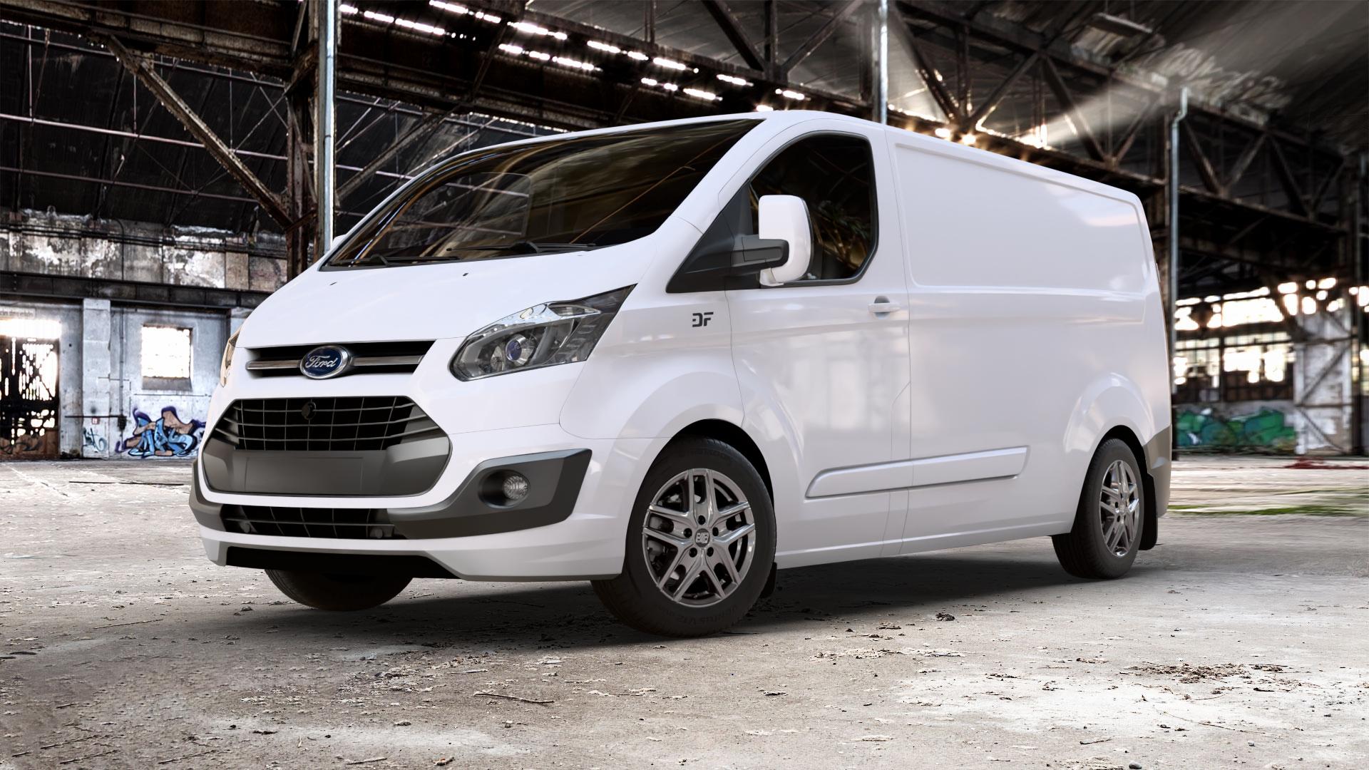 MSW 40 VAN GLOSS DARK GREY Felge mit Reifen grau in 16Zoll Winterfelge Alufelge auf weissem Ford Transit Custom Typ FCC (12->) ⬇️ mit 15mm Tieferlegung ⬇️ Old Industrial Hall_max_5300mm_2024 Frontansicht_1