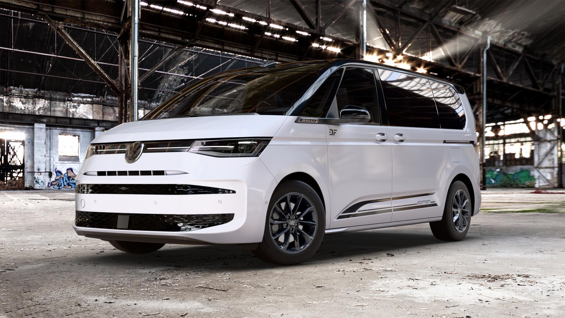 MSW 42 GLOSS BLACK Felge mit Reifen schwarz in 17Zoll Winterfelge Alufelge auf weissem und schwarzem Volkswagen (VW) T7 Multivan Bus ⬇️ mit 15mm Tieferlegung ⬇️ Old Industrial Hall_max_5300mm_2024 Frontansicht_1