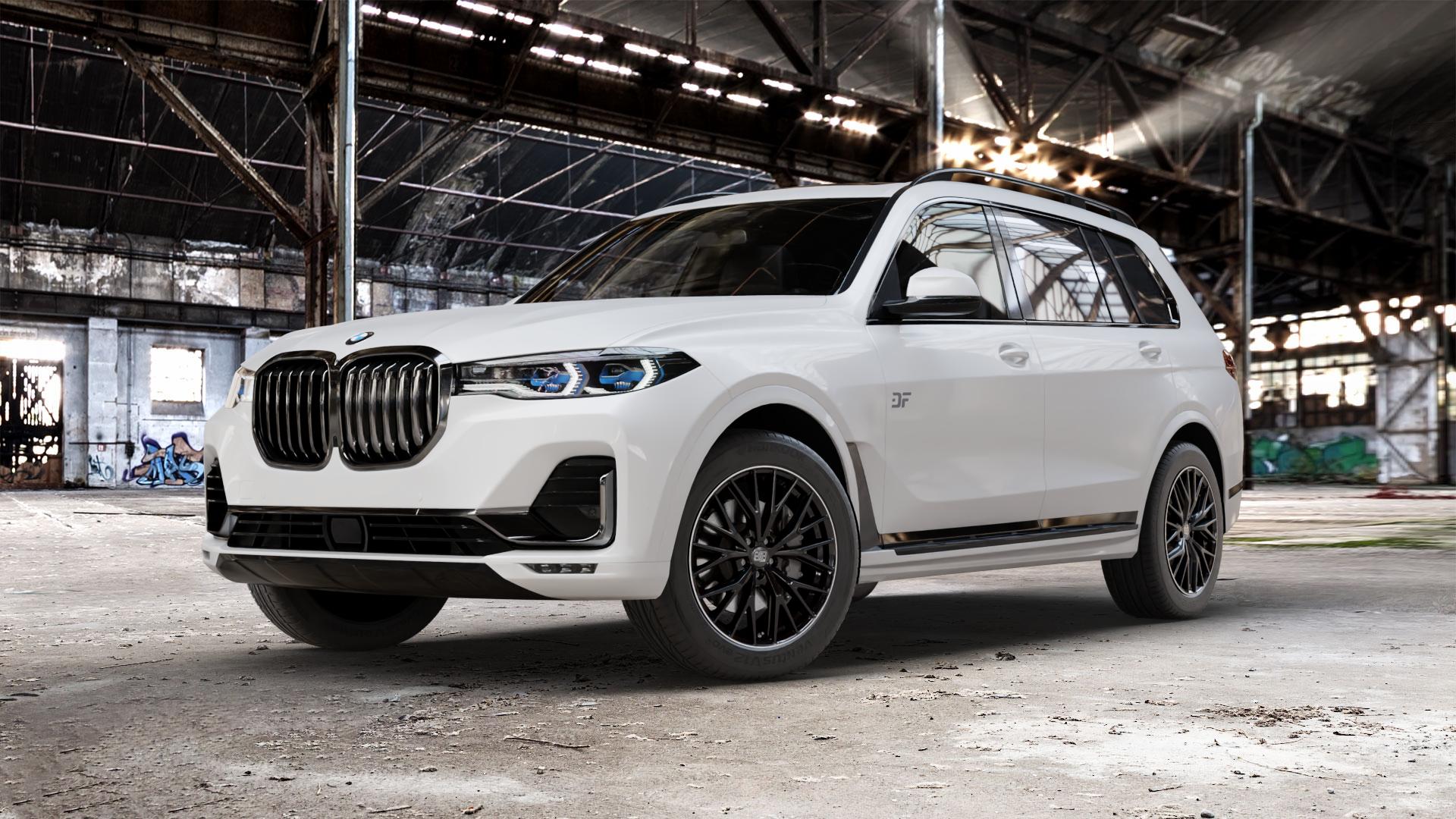 MSW 44 GLOSS BLACK + DIAMOND LIP Felge mit Reifen schwarz in 20Zoll Winterfelge Alufelge auf weissem BMW X7 Typ G07 (G7X) ⬇️ mit 15mm Tieferlegung ⬇️ Old Industrial Hall_max_5300mm_2024 Frontansicht_1