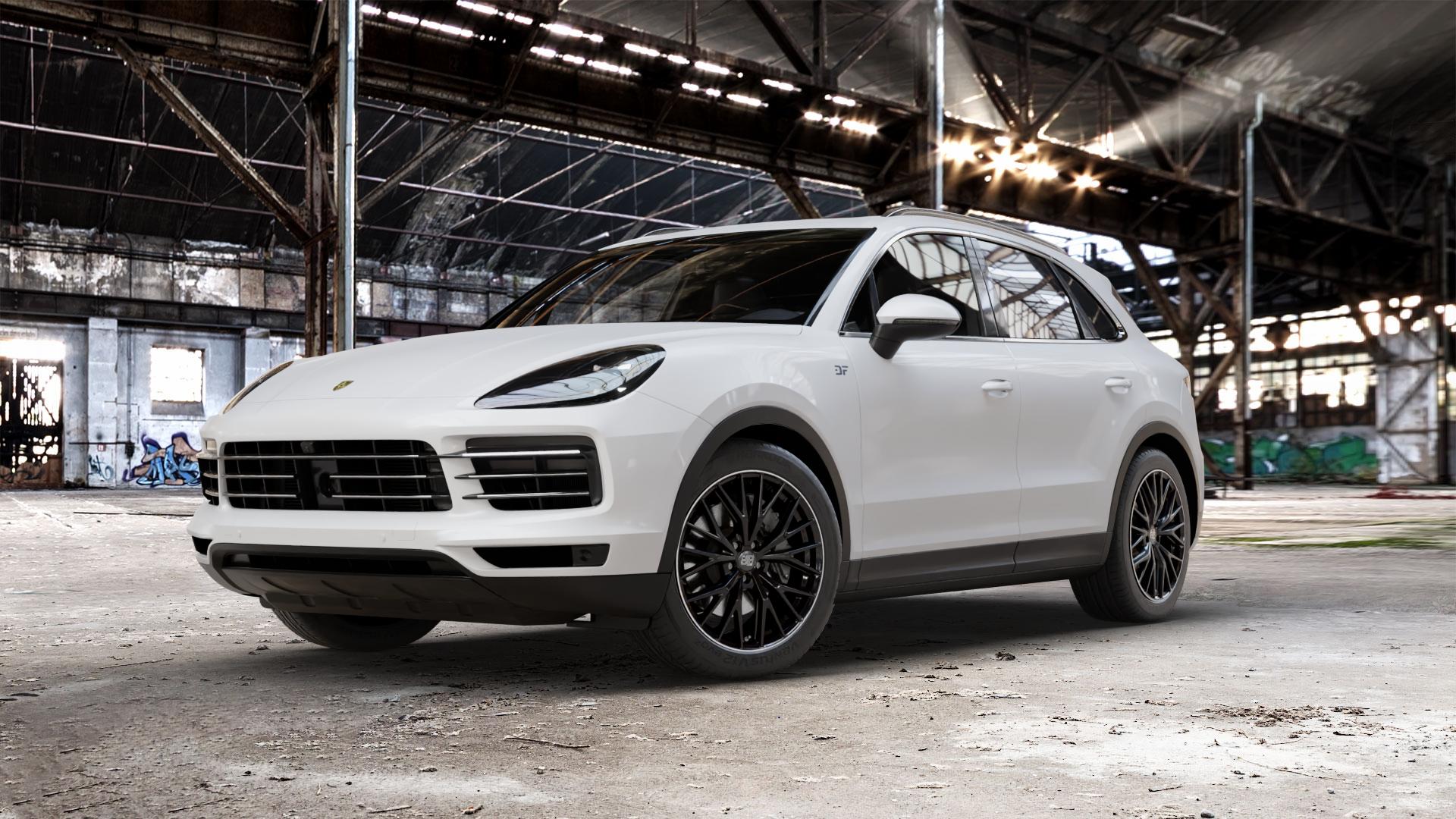 MSW 44 GLOSS BLACK + DIAMOND LIP Felge mit Reifen schwarz in 20Zoll Winterfelge Alufelge auf weissem Porsche Cayenne III Typ 9YA ⬇️ mit 15mm Tieferlegung ⬇️ Old Industrial Hall_max_5300mm_2024 Frontansicht_1