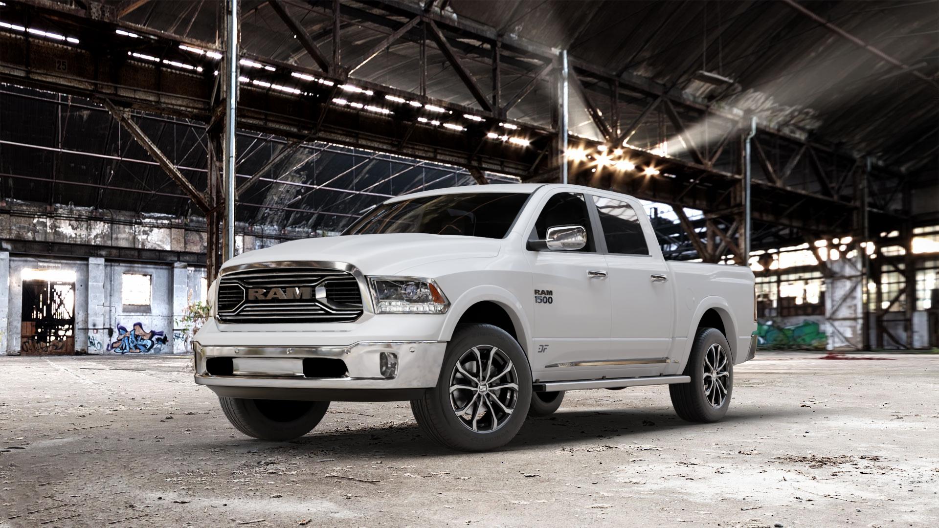 MSW 48 GLOSS BLACK FULL POLISHED Felge mit Reifen silber schwarz mehrfarbig in 19Zoll Alufelge auf weissem Dodge RAM 1500 IV Typ DJ, DS ⬇️ mit 15mm Tieferlegung ⬇️ Old Industrial Hall_max_7000mm_2024 Frontansicht_1