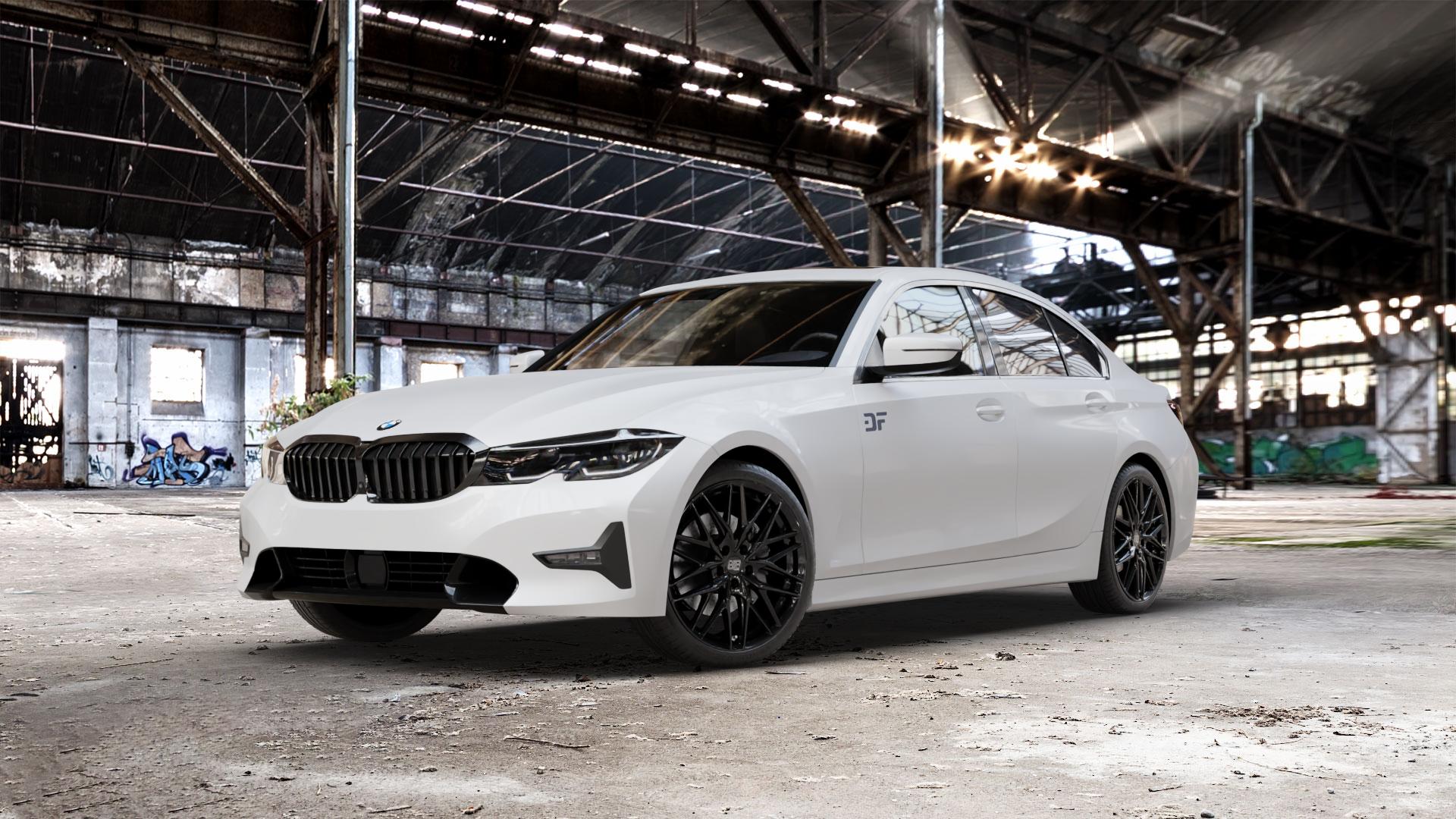 MSW 50 GLOSS BLACK Felge mit Reifen schwarz in 19Zoll Winterfelge Alufelge auf weissem BMW 3er G20 Limousine (G3L) ⬇️ mit 15mm Tieferlegung ⬇️ Old Industrial Hall_max_5300mm_2024 Frontansicht_1