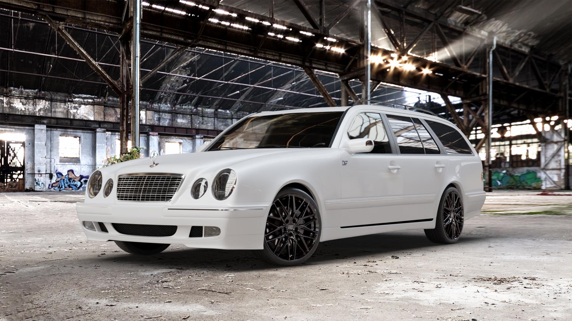 MSW 50 GLOSS BLACK Felge mit Reifen schwarz in 19Zoll Winterfelge Alufelge auf weissem Mercedes E-Klasse Typ S210 Kombi ⬇️ mit 15mm Tieferlegung ⬇️ Old Industrial Hall_max_5300mm_2024 Frontansicht_1