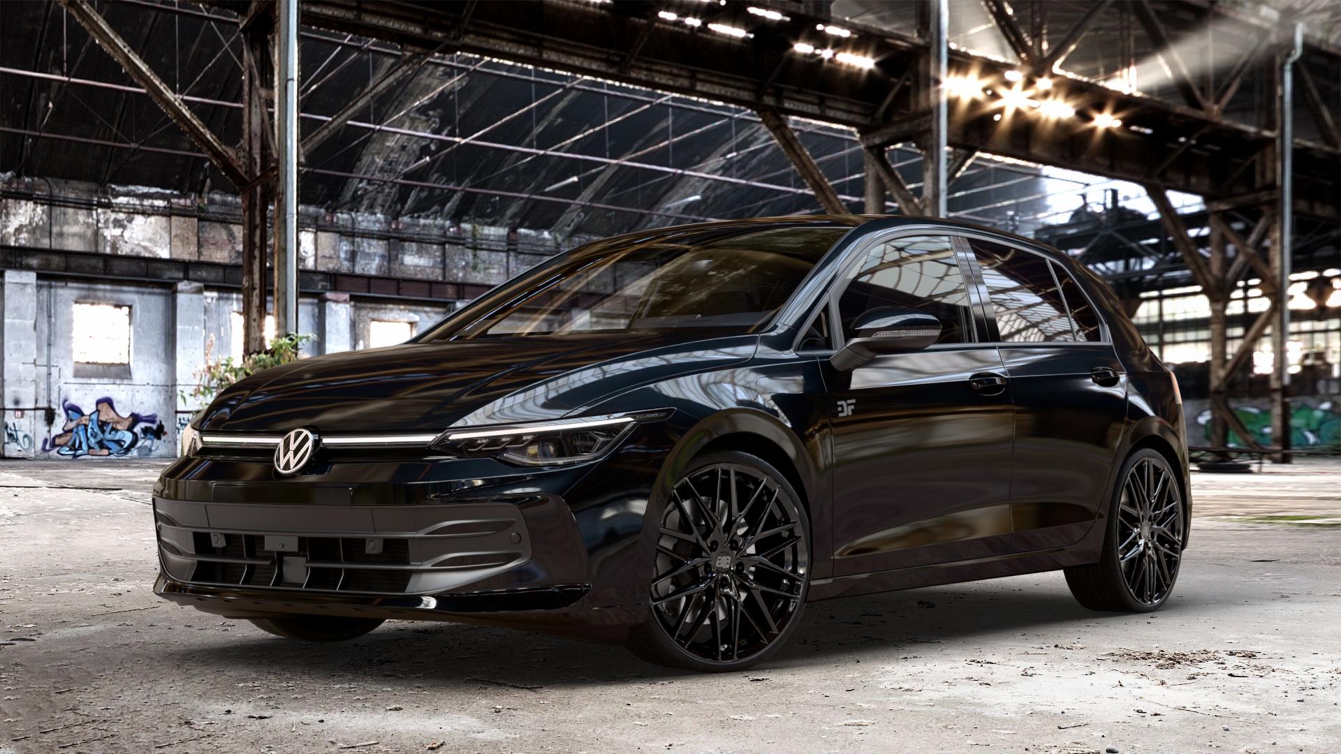 MSW 50 GLOSS BLACK Felge mit Reifen schwarz in 20Zoll Winterfelge Alufelge auf schwarzem Volkswagen (VW) Golf 8 Facelift ⬇️ mit 15mm Tieferlegung ⬇️ Old Industrial Hall_max_4400mm_2024 Frontansicht_1