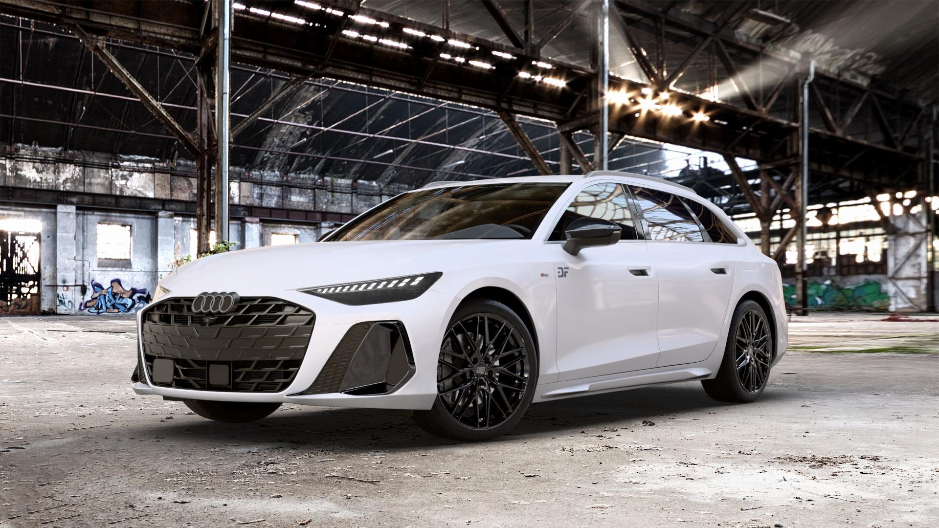 MSW 50 GLOSS BLACK Felge mit Reifen schwarz in 20Zoll Winterfelge Alufelge auf weissem Audi A6 Typ F2/C9 (Avant) ⬇️ mit 15mm Tieferlegung ⬇️ Old Industrial Hall_max_5300mm_2024 Frontansicht_1