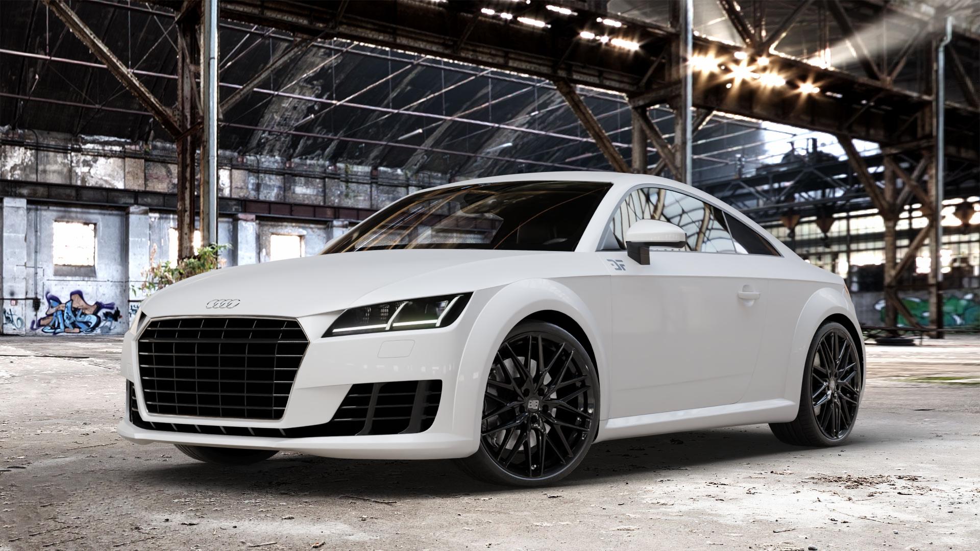 MSW 50 GLOSS BLACK Felge mit Reifen schwarz in 20Zoll Winterfelge Alufelge auf weissem Audi TT III Typ 8S (Coupé) (Roadster) ⬇️ mit 15mm Tieferlegung ⬇️ Old Industrial Hall_max_4400mm_2024 Frontansicht_1