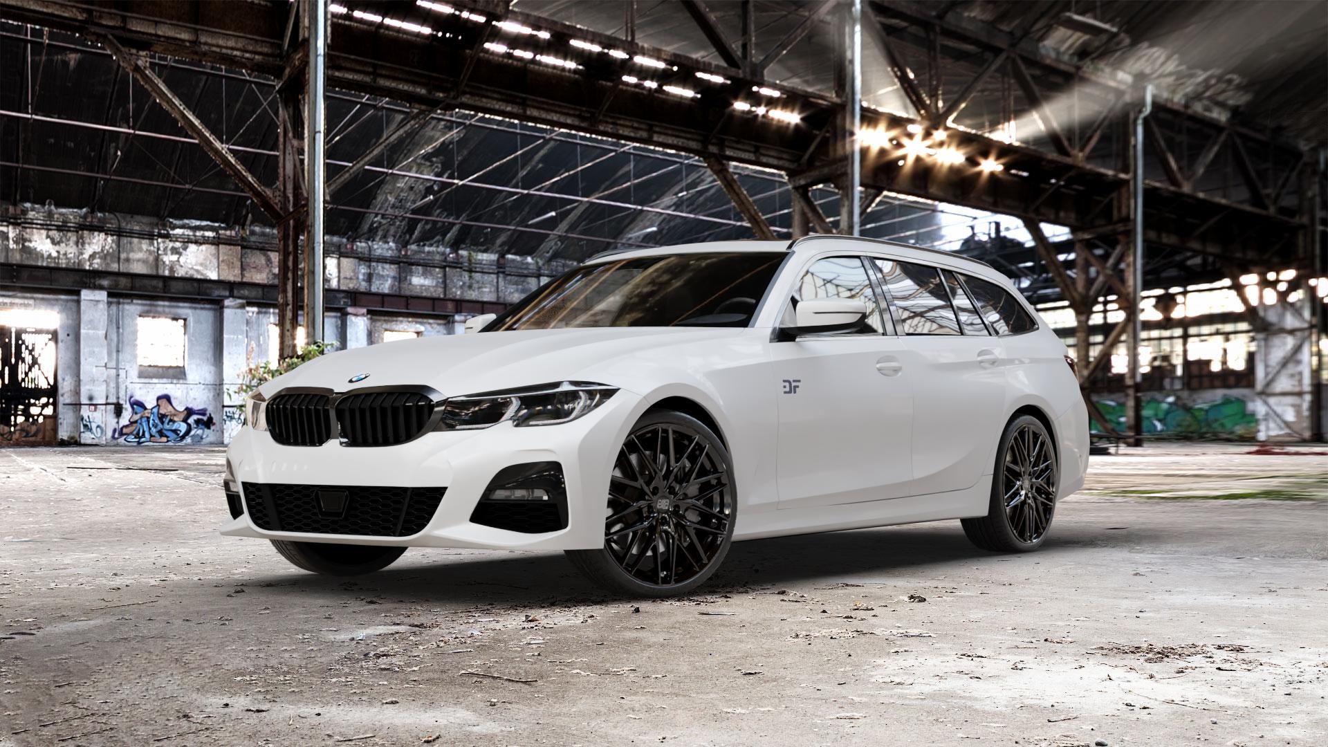 MSW 50 GLOSS BLACK Felge mit Reifen schwarz in 20Zoll Winterfelge Alufelge auf weissem BMW 3er G21 Touring (G3K) ⬇️ mit 15mm Tieferlegung ⬇️ Old Industrial Hall_max_5300mm_2024 Frontansicht_1