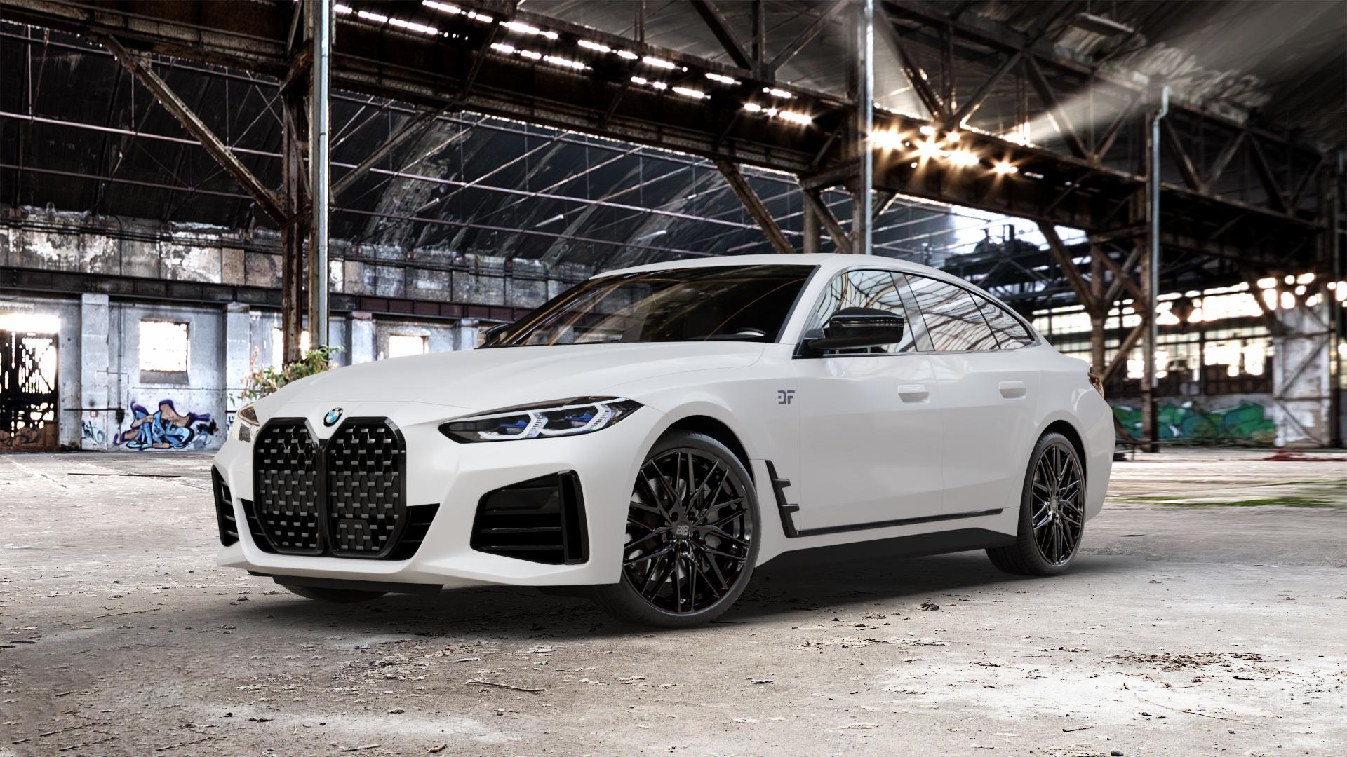 MSW 50 GLOSS BLACK Felge mit Reifen schwarz in 20Zoll Winterfelge Alufelge auf weissem BMW 4er G26 Gran Coupe (G4C) ⬇️ mit 15mm Tieferlegung ⬇️ Old Industrial Hall_max_5300mm_2024 Frontansicht_1