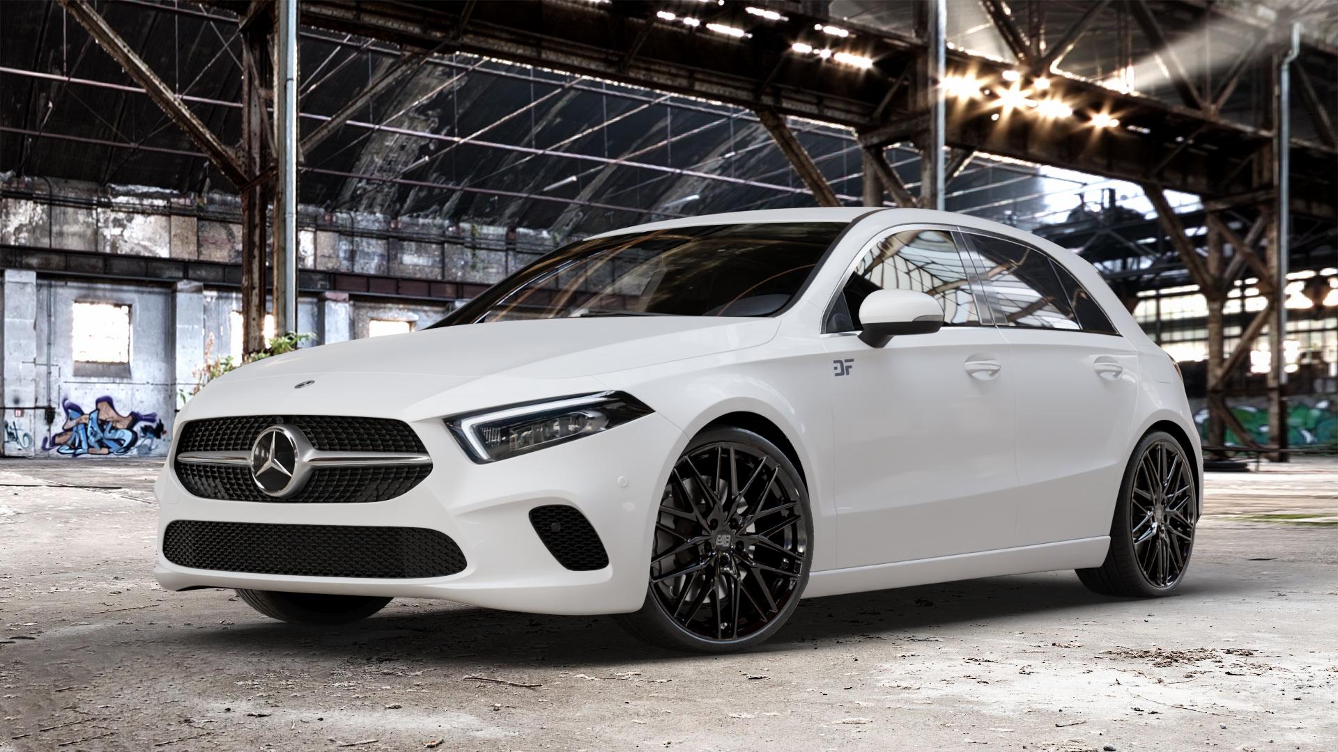 MSW 50 GLOSS BLACK Felge mit Reifen schwarz in 20Zoll Winterfelge Alufelge auf weissem Mercedes A-Klasse IV Typ 177 (F2A) Schrägheck 2,0l A 250 165kW (224 PS) 1,3l 200 120kW (163 1,5l 180d 85kW (116 160 80kW (109 180 100kW (136 220 140kW (190 4Mat ⬇️ mit 15mm Tieferlegung ⬇️ Old Industrial Hall_max_4400mm_2024 Frontansicht_1