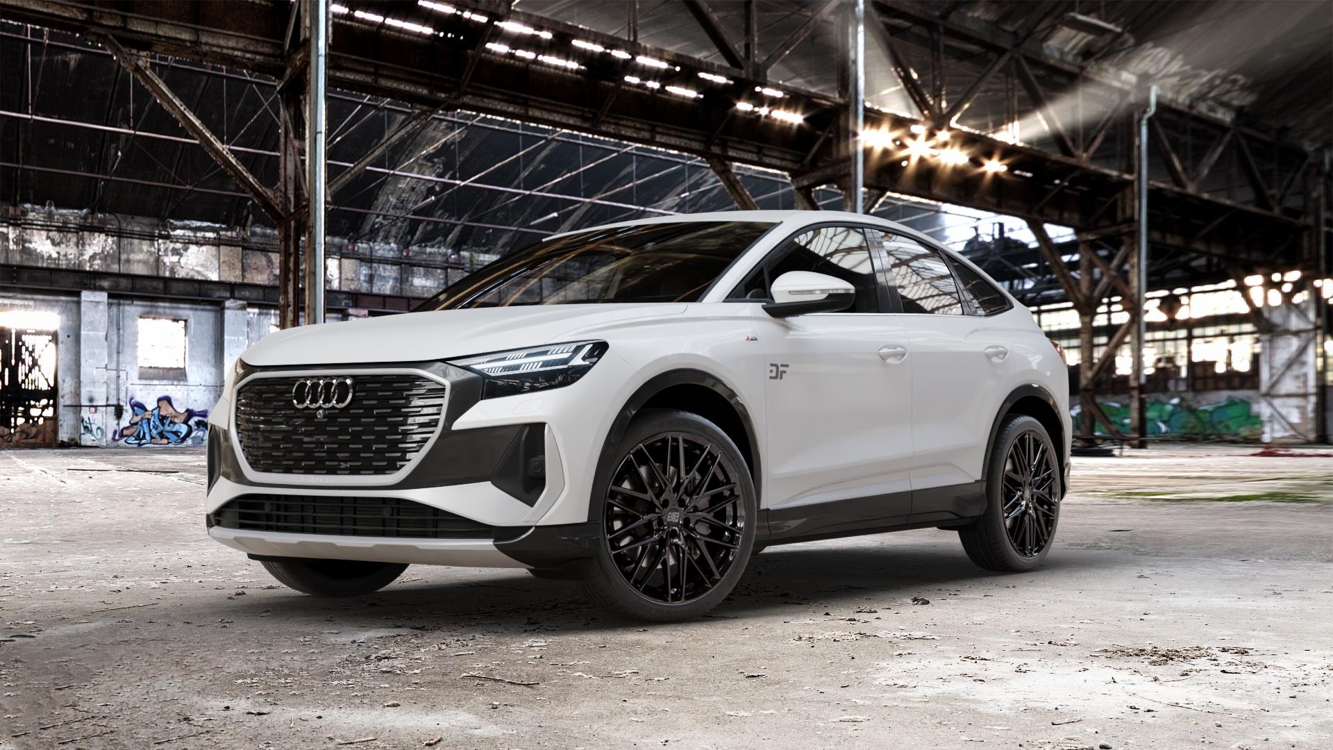 MSW 50 GLOSS BLACK Felge mit Reifen schwarz in 21Zoll Winterfelge Alufelge auf weissem Audi Q4 Sportback Typ FZ e-tron ⬇️ mit 15mm Tieferlegung ⬇️ Old Industrial Hall_max_5300mm_2024 Frontansicht_1