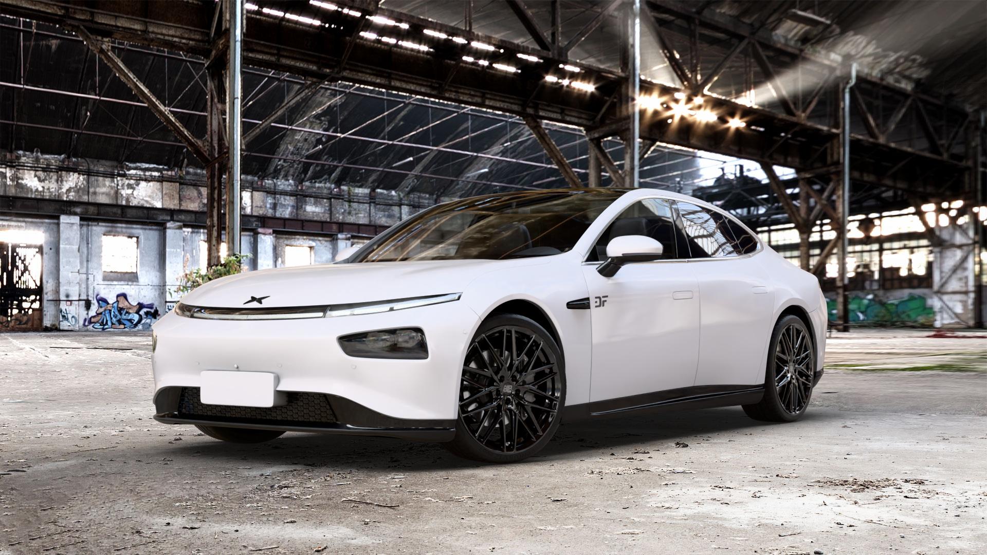 MSW 50 GLOSS BLACK Felge mit Reifen schwarz in 21Zoll Winterfelge Alufelge auf weissem Xpeng P7 Typ P7B 0,0l 80kW (109 PS) 100kW AWD (136 124kW (169 ⬇️ mit 15mm Tieferlegung ⬇️ Old Industrial Hall_max_5300mm_2024 Frontansicht_1