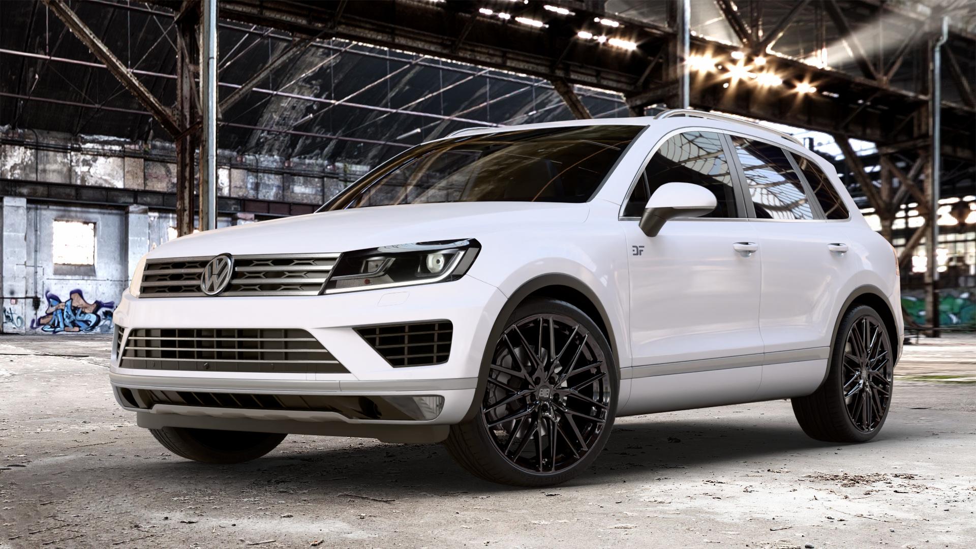MSW 50 GLOSS BLACK Felge mit Reifen schwarz in 22Zoll Winterfelge Alufelge auf weissem Volkswagen (VW) Touareg II Typ 7P Facelift ⬇️ mit 15mm Tieferlegung ⬇️ Old Industrial Hall_max_4400mm_2024 Frontansicht_1
