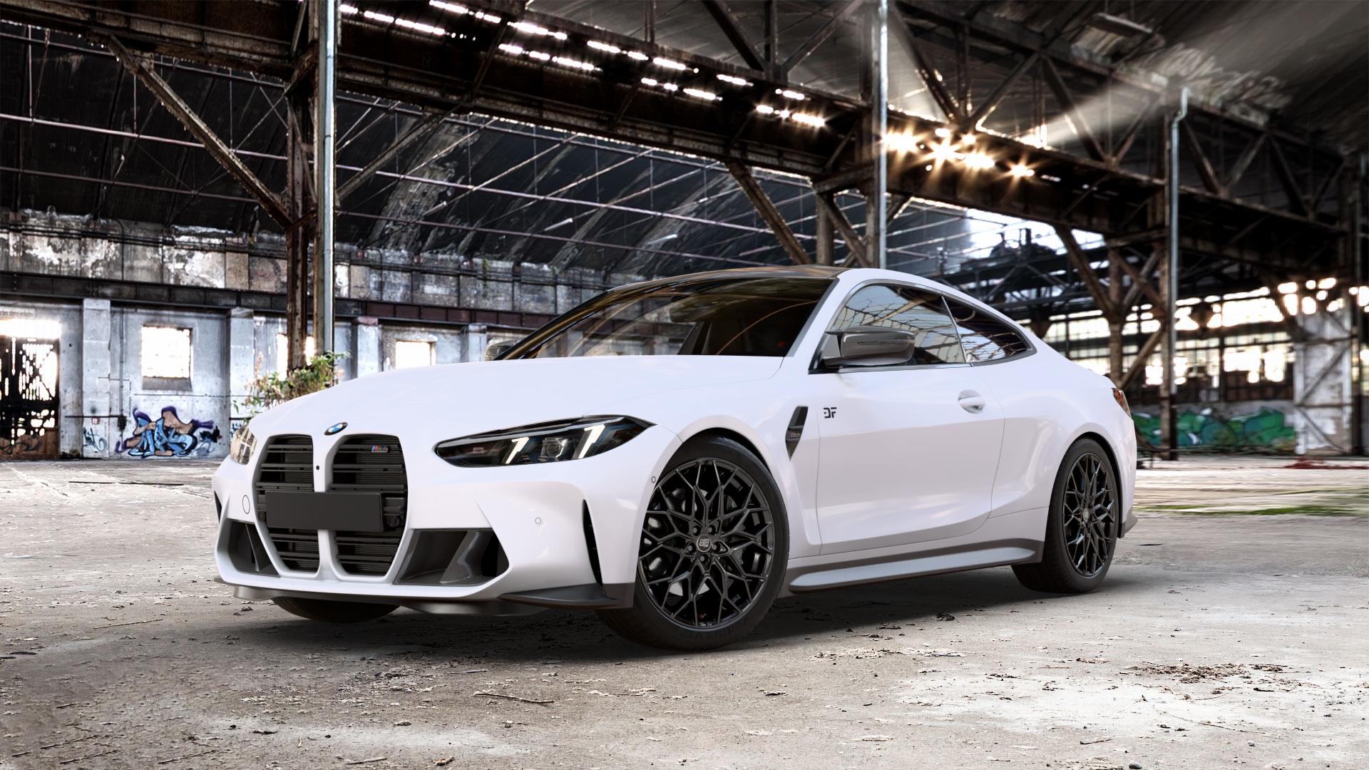MSW 51 GLOSS BLACK Felge mit Reifen schwarz in 20Zoll Winterfelge Alufelge auf weissem BMW M4 Typ G82 (Coupe) Facelift 3,0l 390kW Competition xDrive (530 PS) CS 405kW (551 353kW (480 375kW (510 ⬇️ mit 15mm Tieferlegung ⬇️ Old Industrial Hall_max_5300mm_2024 Frontansicht_1