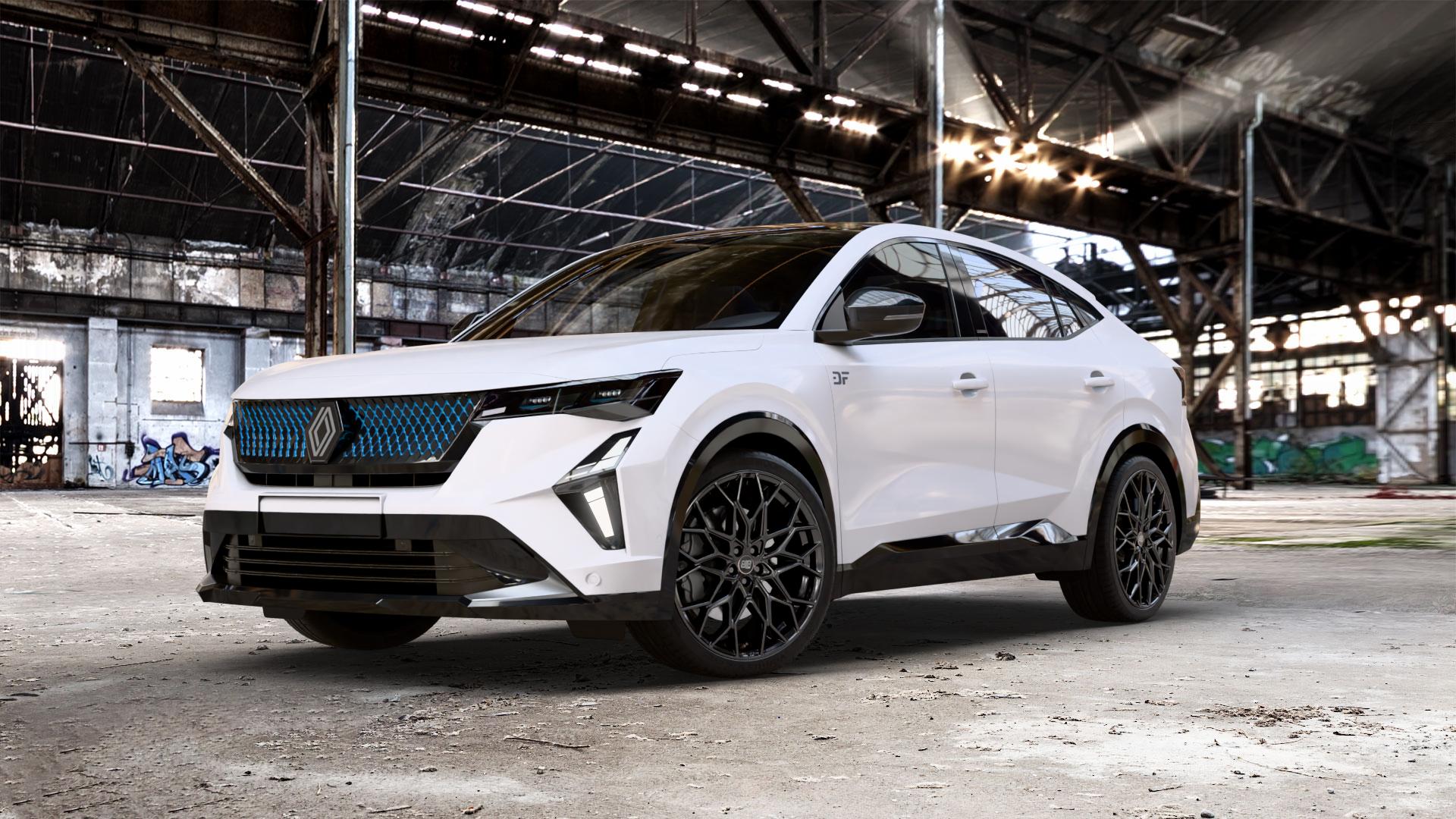 MSW 51 GLOSS BLACK Felge mit Reifen schwarz in 21Zoll Winterfelge Alufelge auf weissem Renault Rafale Typ RHN 1,2l E-Tech 96kW Mild-Hybrid (131 PS) 4x4 110kW Hybrid (150 ⬇️ mit 15mm Tieferlegung ⬇️ Old Industrial Hall_max_5300mm_2024 Frontansicht_1