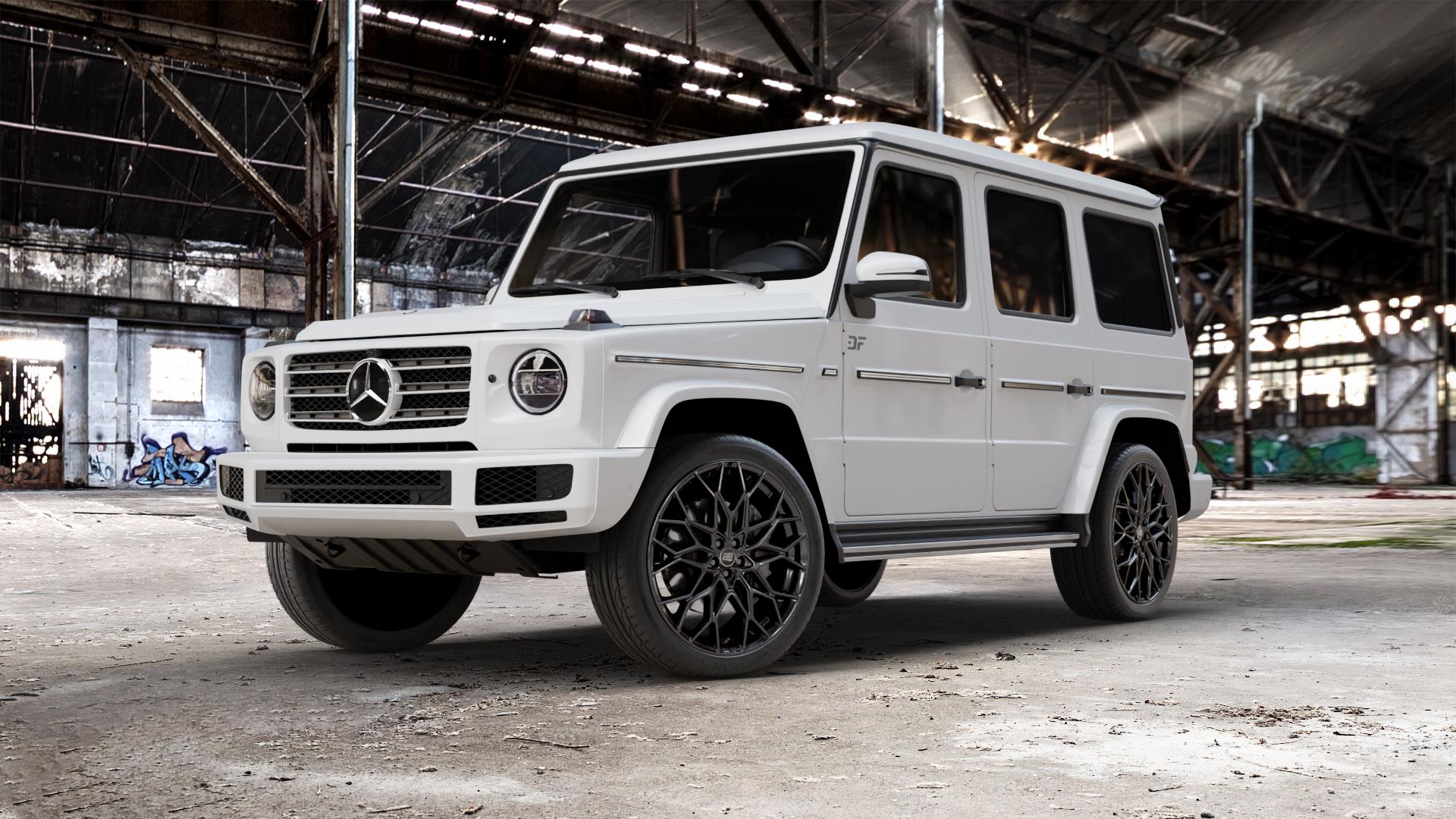 MSW 51 GLOSS BLACK Felge mit Reifen schwarz in 22Zoll Winterfelge Alufelge auf weissem Mercedes G-Klasse Typ W463 Facelift (18->) ⬇️ mit 15mm Tieferlegung ⬇️ Old Industrial Hall_max_5300mm_2024 Frontansicht_1