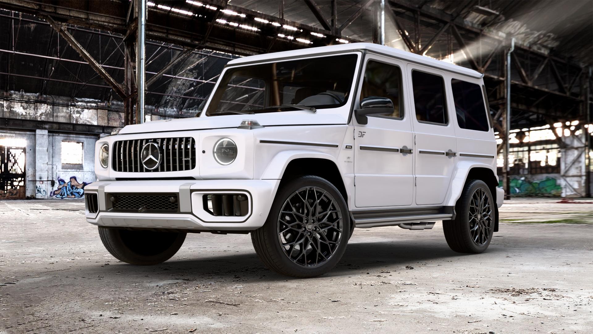 MSW 51 GLOSS BLACK Felge mit Reifen schwarz in 22Zoll Winterfelge Alufelge auf weissem Mercedes G-Klasse Typ W465 3,0l G 450d 270kW Mild-Hybrid (367 PS) 500 330kW (449 0,0l 580 EQ 223kW (303 4,0l 63 AMG 430kW (585 ⬇️ mit 15mm Tieferlegung ⬇️ Old Industrial Hall_max_5300mm_2024 Frontansicht_1