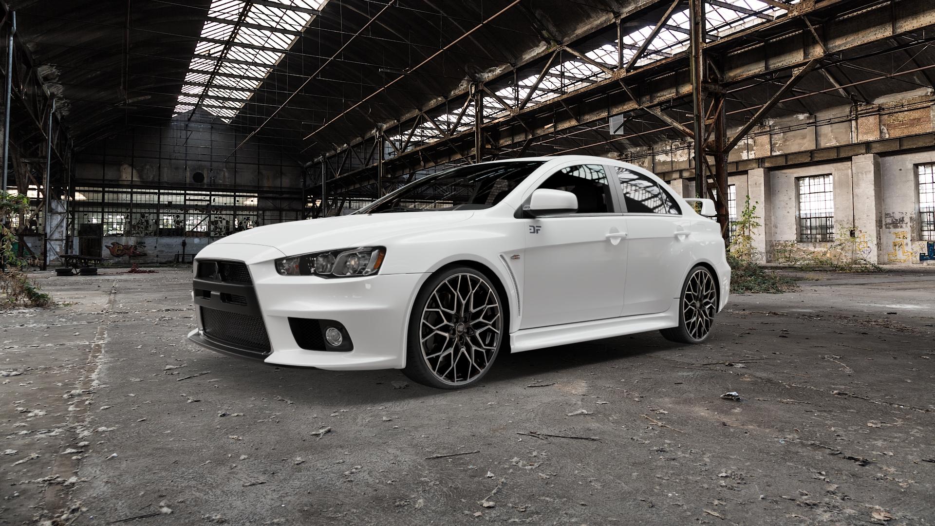 MSW 51 GLOSS BLACK FULL POLISHED Felge mit Reifen schwarz in 20Zoll Alufelge auf weissem Mitsubishi Lancer Evolution X Typ CZ0 ⬇️ mit 15mm Tieferlegung ⬇️ Old Industrial Hall_max5000mm_2022 Frontansicht_1