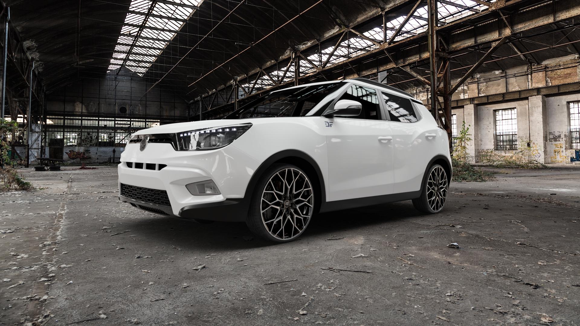 MSW 51 GLOSS BLACK FULL POLISHED Felge mit Reifen schwarz in 21Zoll Alufelge auf weissem Ssangyong Tivoli Typ XK ⬇️ mit 15mm Tieferlegung ⬇️ Old Industrial Hall_max5000mm_2022 Frontansicht_1