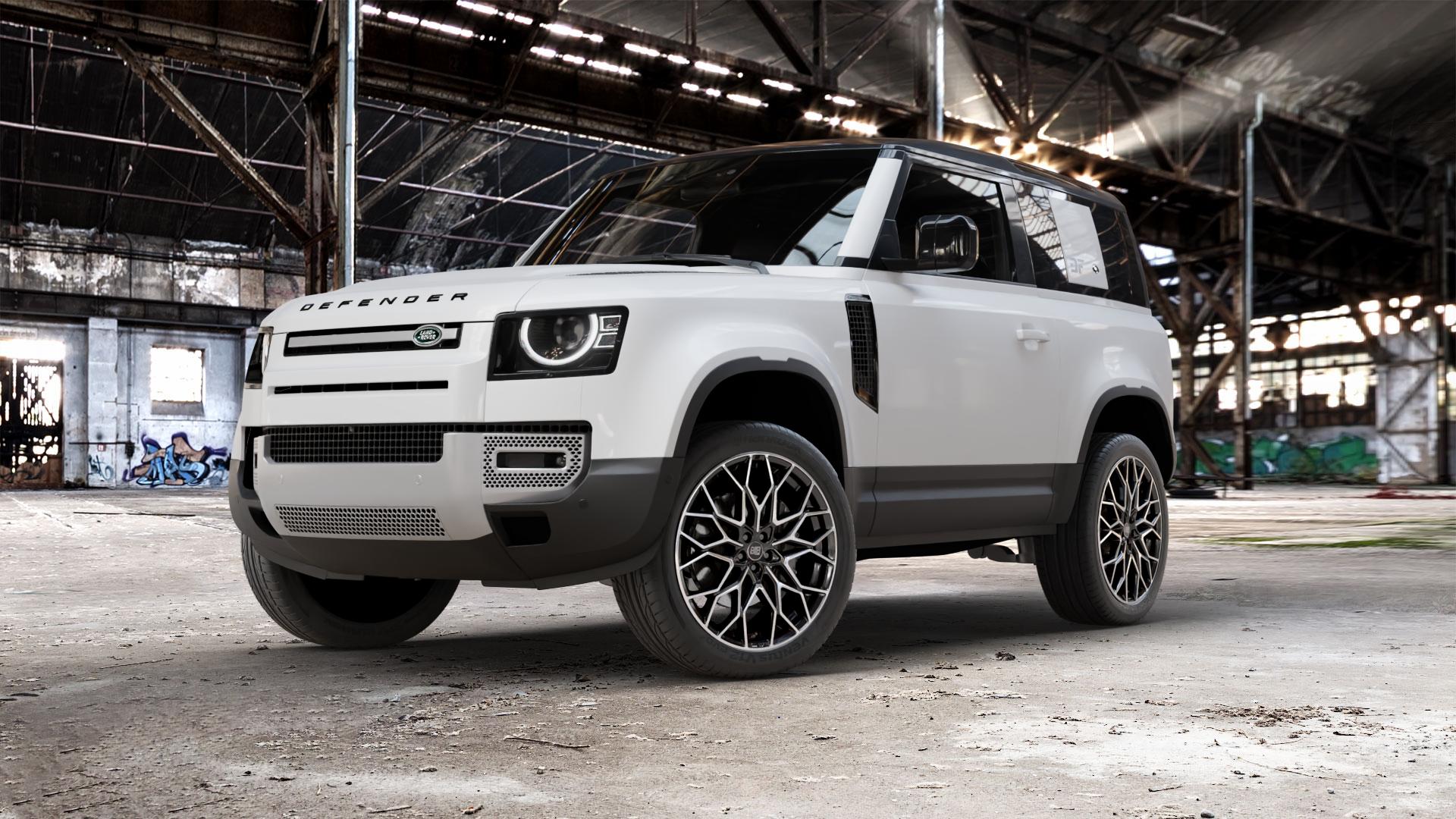 MSW 51 GLOSS BLACK FULL POLISHED Felge mit Reifen schwarz in 22Zoll Alufelge auf weissem Land Rover Defender 90 Typ LE ⬇️ mit 15mm Tieferlegung ⬇️ Old Industrial Hall_max_5300mm_2024 Frontansicht_1