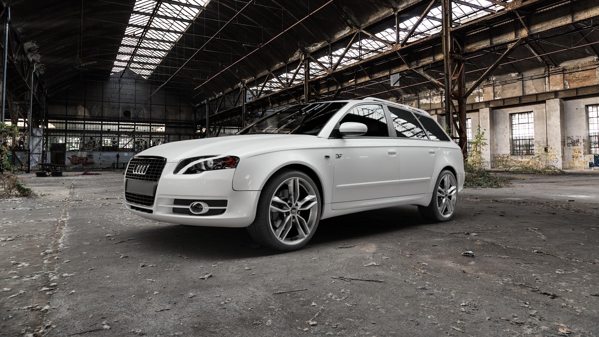 MSW 71 GLOSS DARK GREY FULL POLISHED Felge mit Reifen grau mehrfarbig grau/silber in 19Zoll Alufelge auf weissem Audi A4 Typ 8ED/B7 (Avant) ⬇️ mit 15mm Tieferlegung ⬇️ Old Industrial Hall_max5000mm_2022 Frontansicht_1