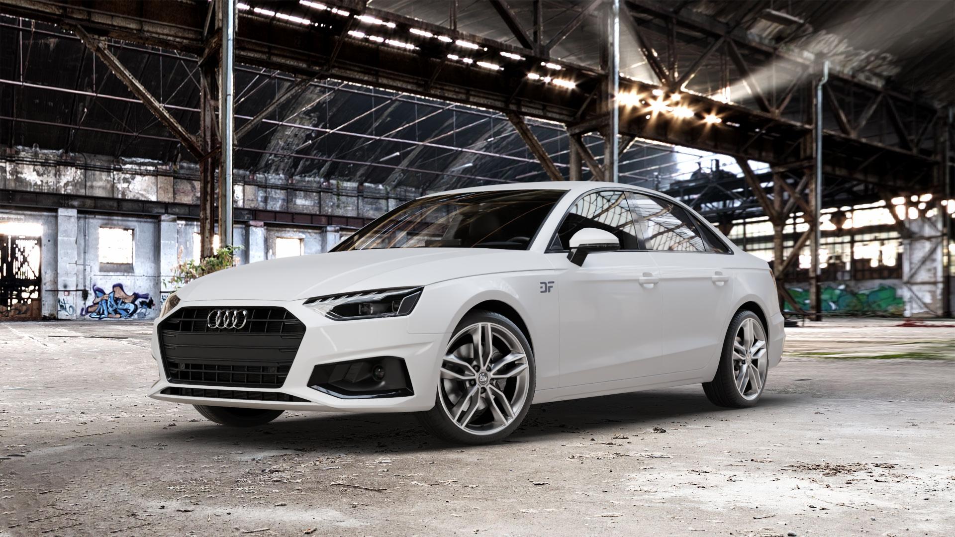 MSW 71 GLOSS DARK GREY FULL POLISHED Felge mit Reifen grau mehrfarbig grau/silber in 19Zoll Alufelge auf weissem Audi A4 Typ B9 (Limousine) Facelift ⬇️ mit 15mm Tieferlegung ⬇️ Old Industrial Hall_max_5300mm_2024 Frontansicht_1