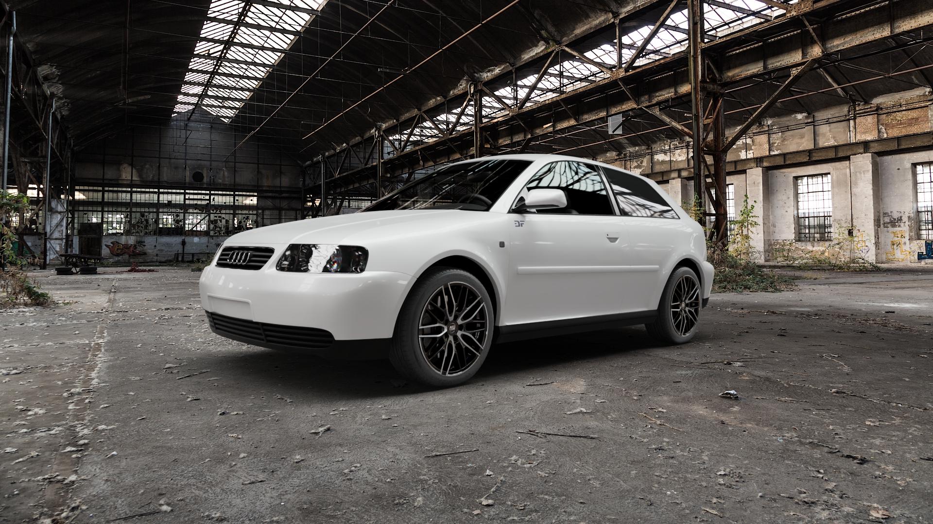 MSW 72 GLOSS BLACK FULL POLISHED Felge mit Reifen silber schwarz mehrfarbig in 17Zoll Winterfelge Alufelge auf weissem Audi A3 Typ 8L ⬇️ mit 15mm Tieferlegung ⬇️ Old Industrial Hall_max5000mm_2022 Frontansicht_1