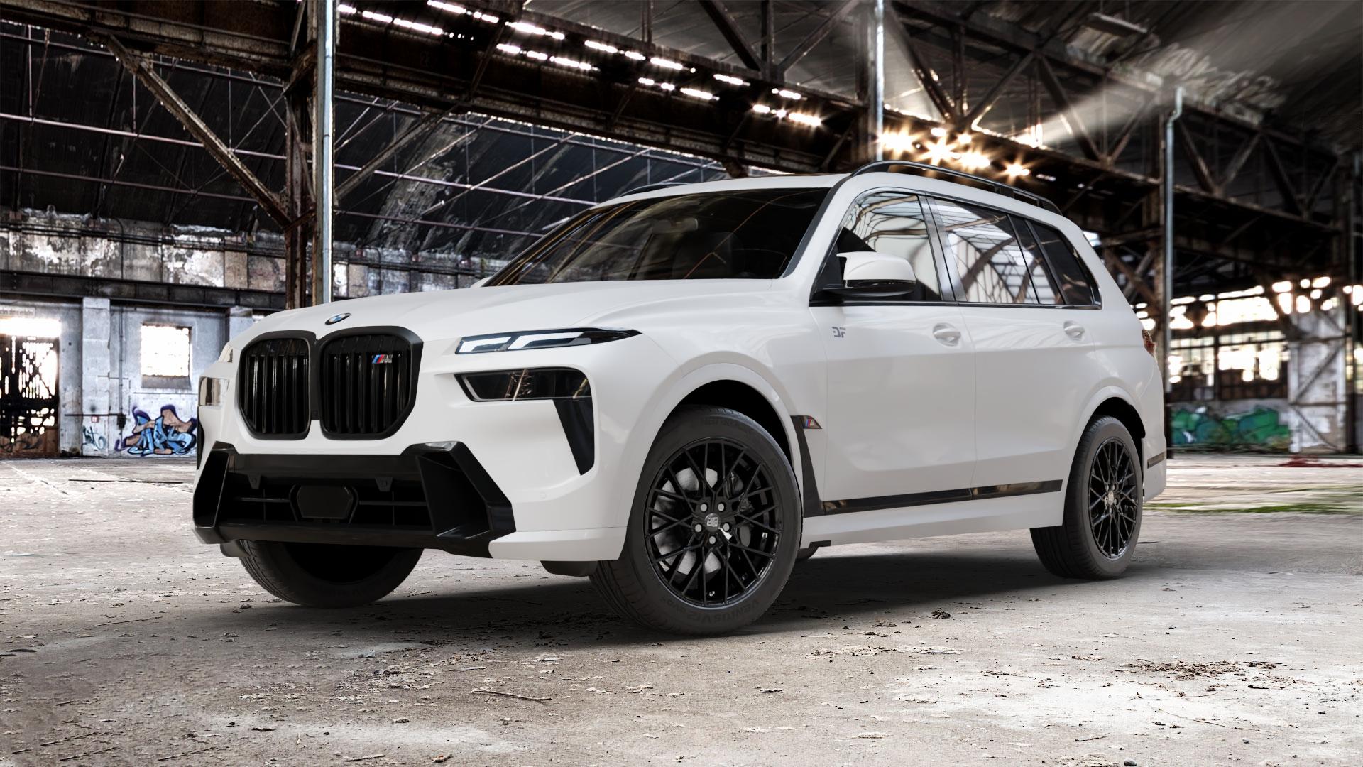 MSW 74 GLOSS BLACK Felge mit Reifen schwarz in 20Zoll Winterfelge Alufelge auf weissem BMW X7 Typ G07 (G7X) Facelift ⬇️ mit 15mm Tieferlegung ⬇️ Old Industrial Hall_max_5300mm_2024 Frontansicht_1