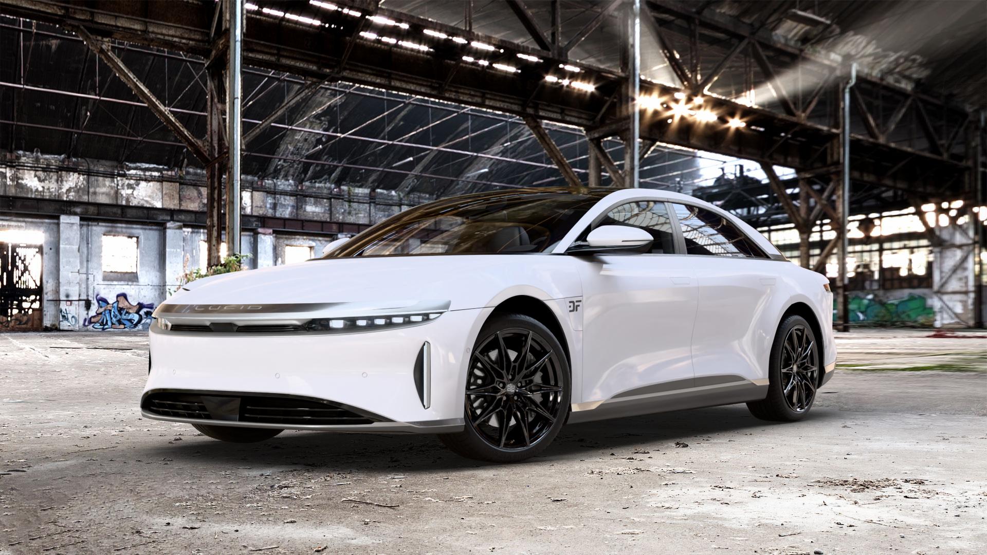 MSW 75 GLOSS BLACK Felge mit Reifen schwarz in 20Zoll Winterfelge Alufelge auf weissem Lucid Air Typ A1 0,0l 271kW AWD (368 PS) 234kW (318 202kW (275 204kW (277 ⬇️ mit 15mm Tieferlegung ⬇️ Old Industrial Hall_max_5300mm_2024 Frontansicht_1