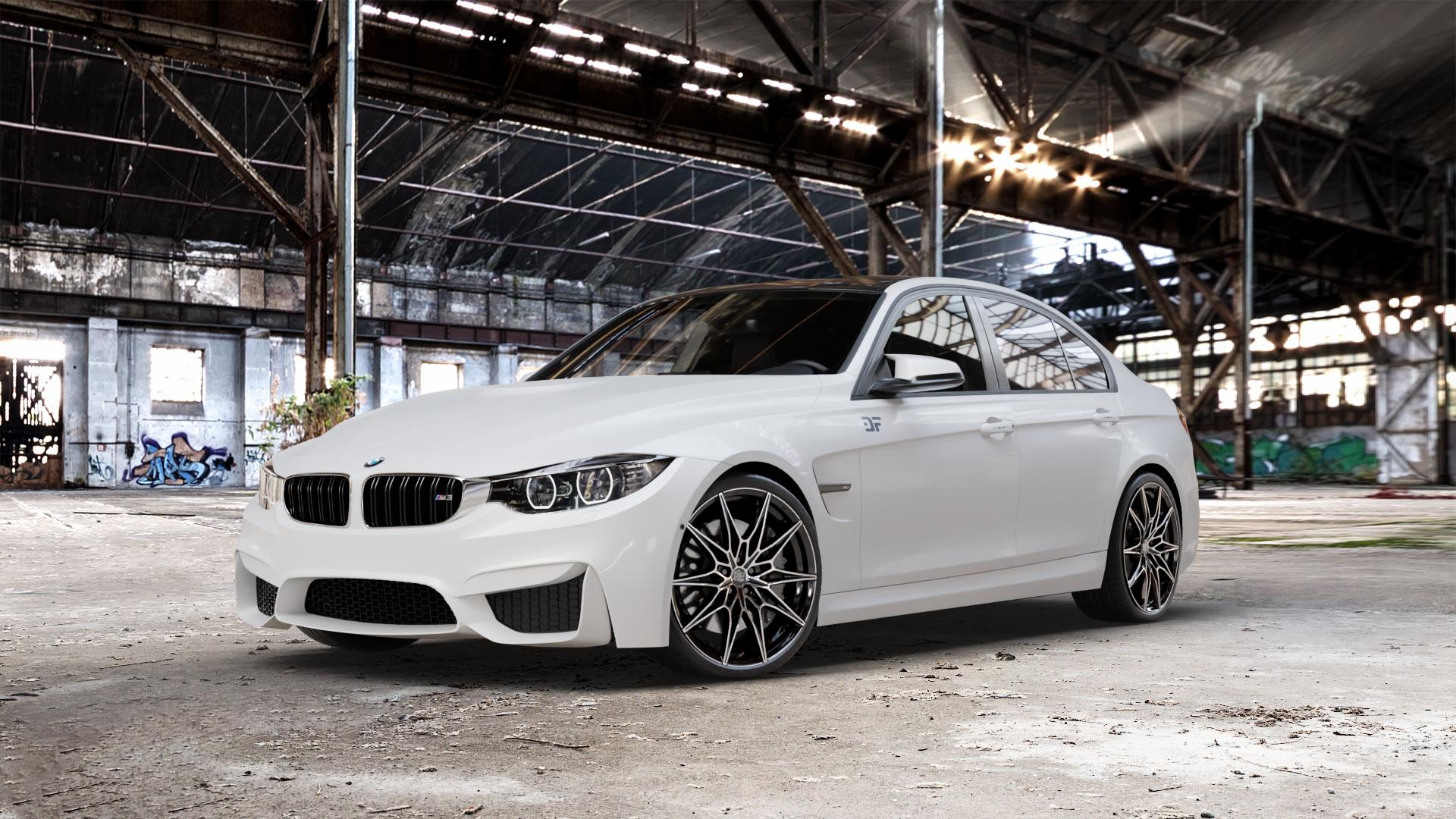 MSW 75 GLOSS BLACK FULL POLISHED Felge mit Reifen schwarz in 20Zoll Alufelge auf weissem BMW M3 Typ F80 (Limousine) CS ⬇️ mit 15mm Tieferlegung ⬇️ Old Industrial Hall_max_5300mm_2024 Frontansicht_1