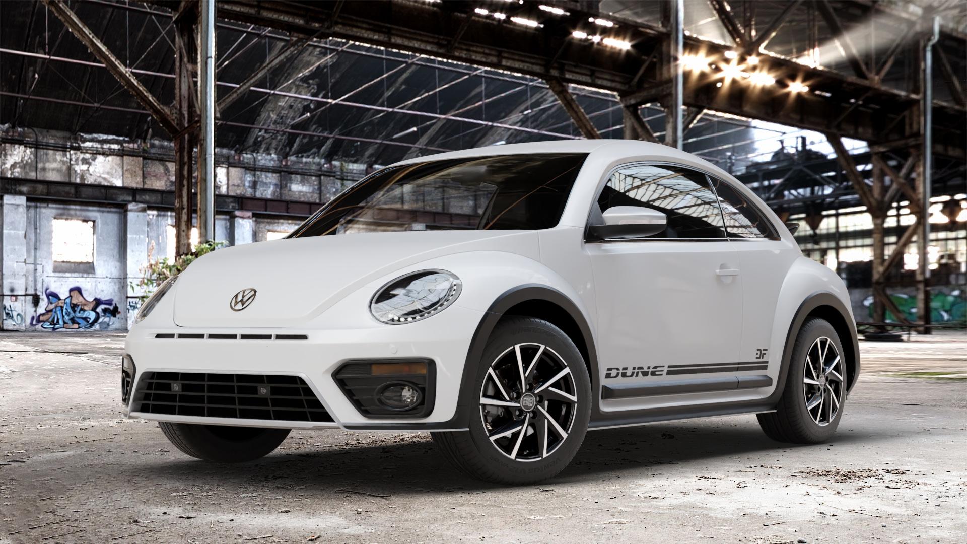 MSW 80/5 GLOSS BLACK FULL POLISHED Felge mit Reifen silber schwarz in 16Zoll Winterfelge Alufelge auf weissem Volkswagen (VW) Beetle Dune Typ 16 ⬇️ mit 15mm Tieferlegung ⬇️ Old Industrial Hall_max_4400mm_2024 Frontansicht_1