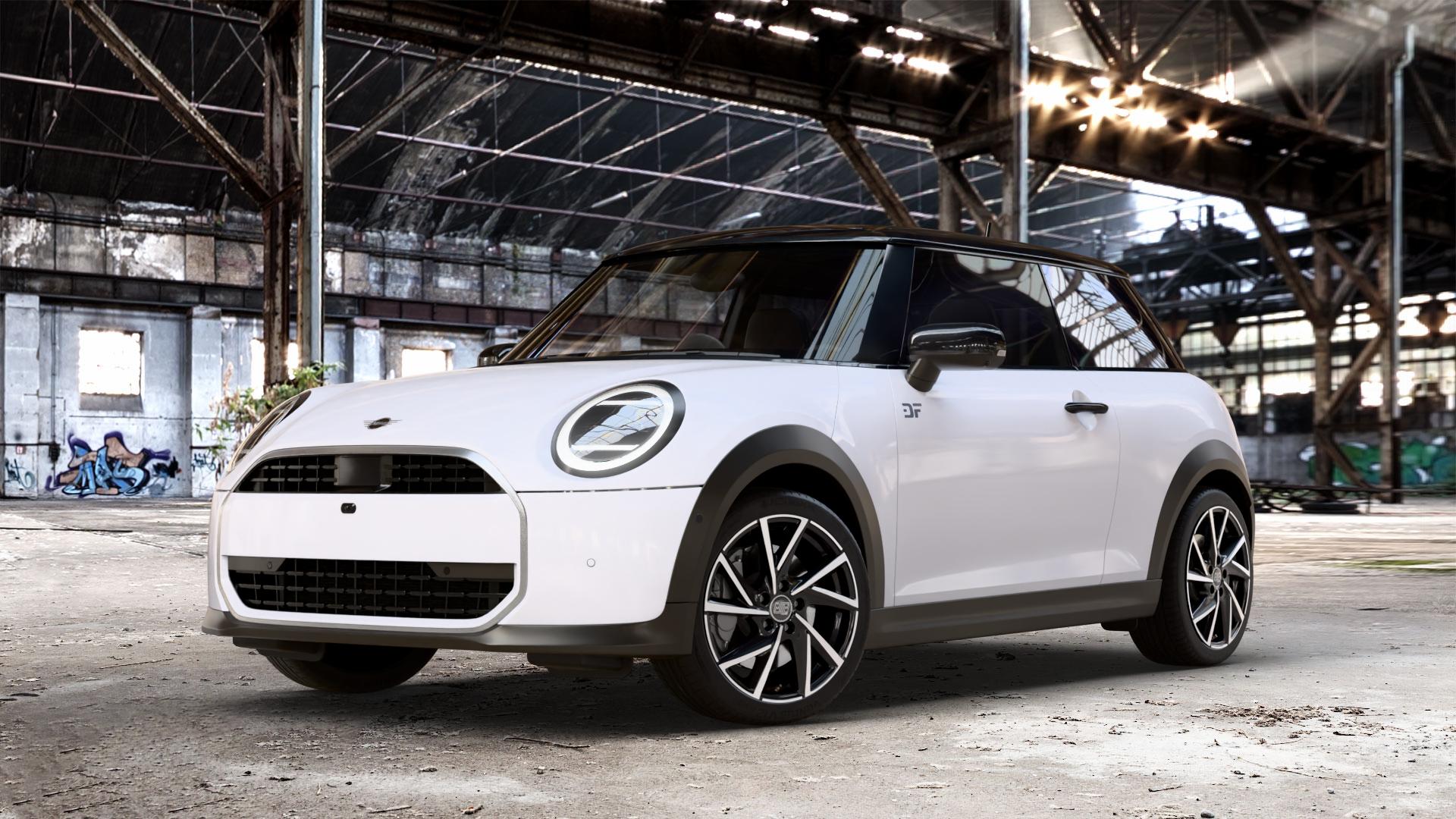 MSW 80/5 GLOSS BLACK FULL POLISHED Felge mit Reifen silber schwarz in 17Zoll Winterfelge Alufelge auf weissem Mini F66 Typ FM6 (3-Türer Limousine) 1,5l Cooper C 100kW (136 PS) 115kW (156 2,0l S 150kW (204 JCW 170kW (231 ⬇️ mit 15mm Tieferlegung ⬇️ Old Industrial Hall_max_4400mm_2024 Frontansicht_1