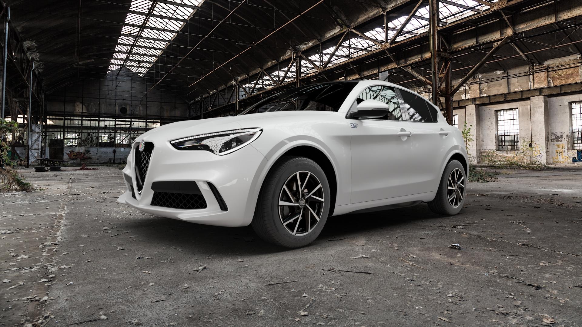 MSW 80/5 GLOSS BLACK FULL POLISHED Felge mit Reifen silber schwarz in 18Zoll Winterfelge Alufelge auf weissem Alfa Romeo Stelvio Typ 949 ⬇️ mit 15mm Tieferlegung ⬇️ Old Industrial Hall_max5000mm_2022 Frontansicht_1