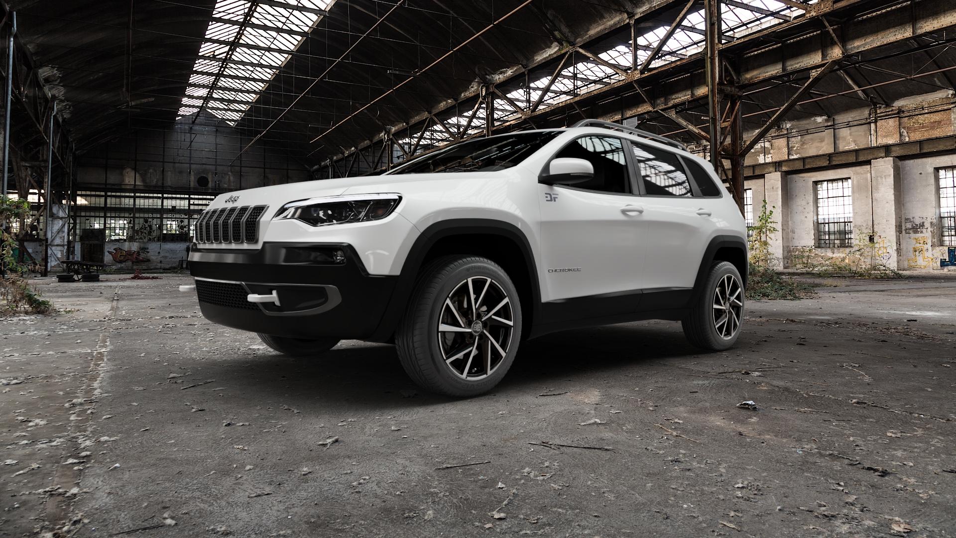 MSW 80/5 GLOSS BLACK FULL POLISHED Felge mit Reifen silber schwarz in 18Zoll Winterfelge Alufelge auf weissem Jeep Cherokee Typ KL Facelift ⬇️ mit 15mm Tieferlegung ⬇️ Old Industrial Hall_max5000mm_2022 Frontansicht_1