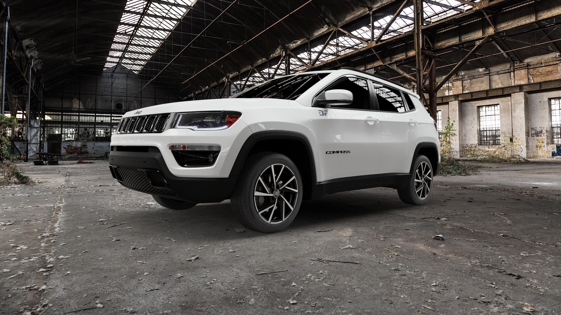 MSW 80/5 GLOSS BLACK FULL POLISHED Felge mit Reifen silber schwarz in 18Zoll Winterfelge Alufelge auf weissem Jeep Compass III Typ MX ⬇️ mit 15mm Tieferlegung ⬇️ Old Industrial Hall_max5000mm_2022 Frontansicht_1