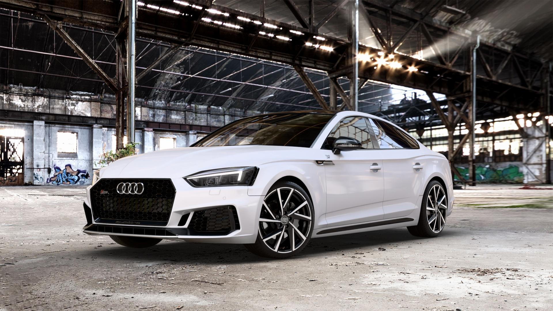 MSW 80/5 GLOSS BLACK FULL POLISHED Felge mit Reifen silber schwarz in 19Zoll Winterfelge Alufelge auf weissem Audi A5 Typ B9 (Sportback) 3,0l S5 TFSI quattro 260kW (354 PS) 2,9l RS5 331kW (450 TDI 255kW Mild-Hybrid (347 ⬇️ mit 15mm Tieferlegung ⬇️ Old Industrial Hall_max_5300mm_2024 Frontansicht_1