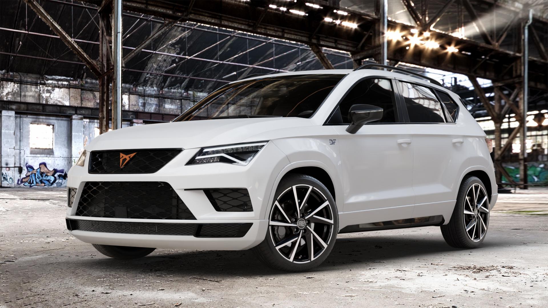 MSW 80/5 GLOSS BLACK FULL POLISHED Felge mit Reifen silber schwarz in 19Zoll Winterfelge Alufelge auf weissem Cupra Ateca Typ 5FP 2,0l TFSI 4Drive 221kW (300 PS) ⬇️ mit 15mm Tieferlegung ⬇️ Old Industrial Hall_max_4400mm_2024 Frontansicht_1