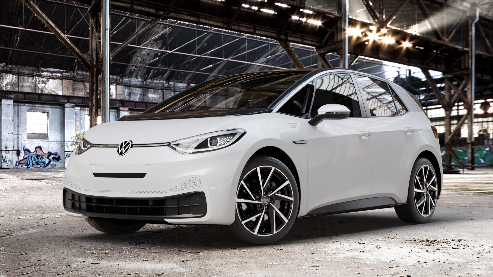 MSW 80/5 GLOSS BLACK FULL POLISHED Felge mit Reifen silber schwarz in 19Zoll Winterfelge Alufelge auf weissem Volkswagen (VW) ID.3 ⬇️ mit 15mm Tieferlegung ⬇️ Old Industrial Hall_max_4400mm_2024 Frontansicht_1