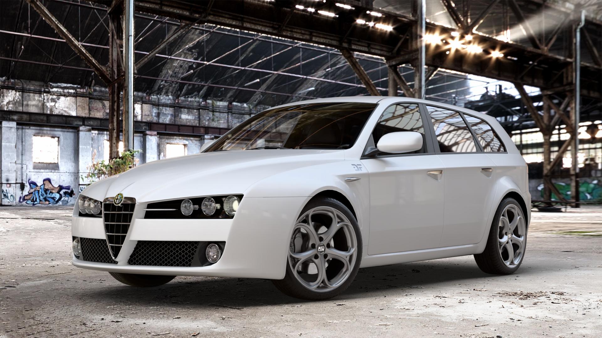 MSW 82 MATT GUN METAL Felge mit Reifen grau in 19Zoll Winterfelge Alufelge auf weissem Alfa Romeo 159 Sportwagon ⬇️ mit 15mm Tieferlegung ⬇️ Old Industrial Hall_max_4400mm_2024 Frontansicht_1