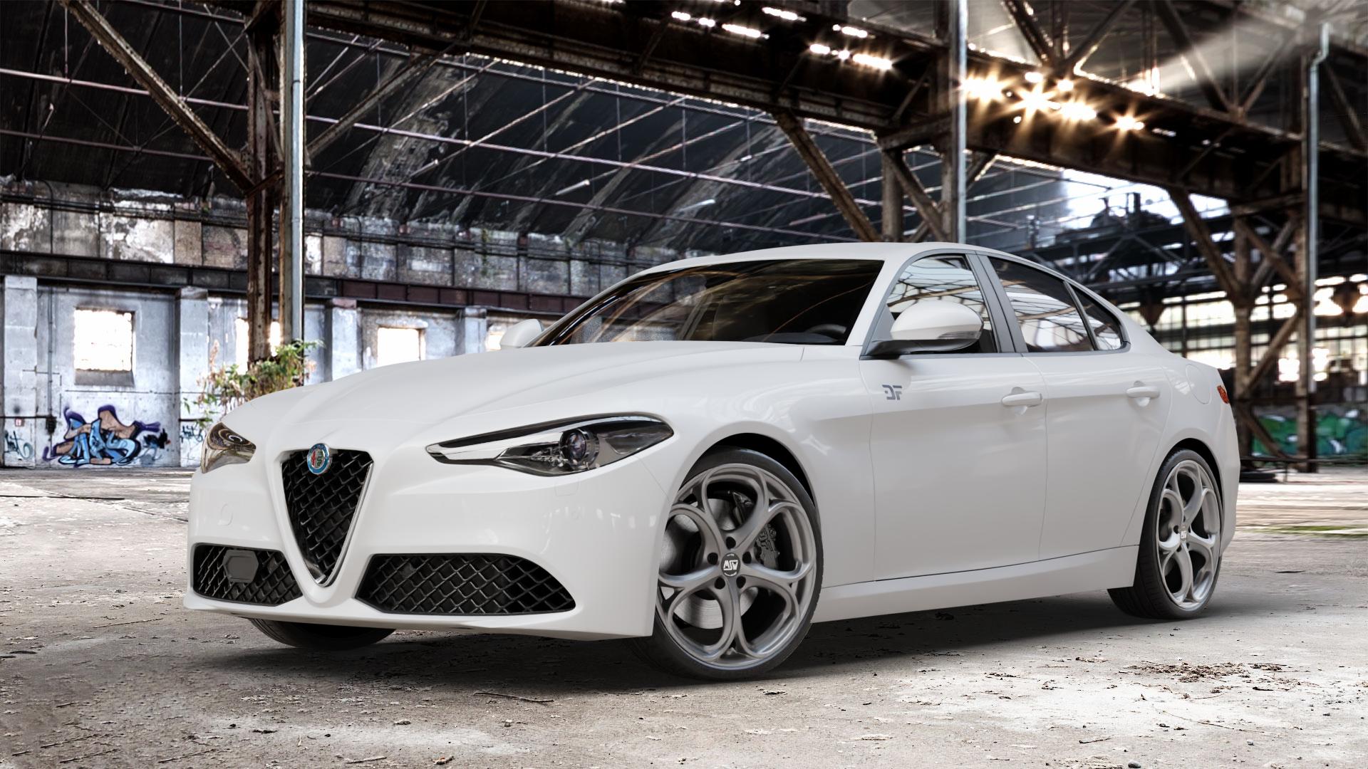 MSW 82 MATT GUN METAL Felge mit Reifen grau in 20Zoll Winterfelge Alufelge auf weissem Alfa Romeo Giulia Typ 952 ⬇️ mit 15mm Tieferlegung ⬇️ Old Industrial Hall_max_4400mm_2024 Frontansicht_1