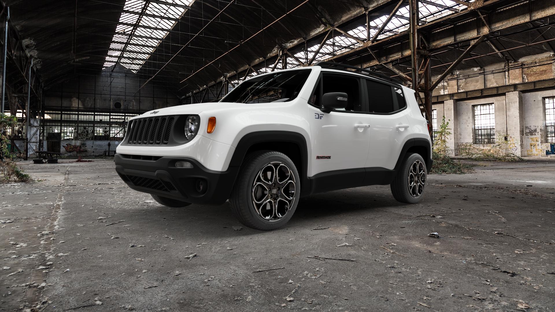 MSW 83 GLOSS BLACK FULL POLISHED Felge mit Reifen schwarz in 18Zoll Winterfelge Alufelge auf weissem Jeep Renegade Typ BU ⬇️ mit 15mm Tieferlegung ⬇️ Old Industrial Hall_max5000mm_2022 Frontansicht_1