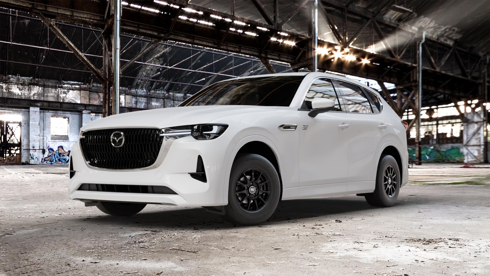 MSW 85 GLOSS BLACK Felge mit Reifen schwarz in 14Zoll Winterfelge Alufelge auf weissem Mazda CX-60 Typ KH01 ⬇️ mit 15mm Tieferlegung ⬇️ Old Industrial Hall_max_5300mm_2024 Frontansicht_1